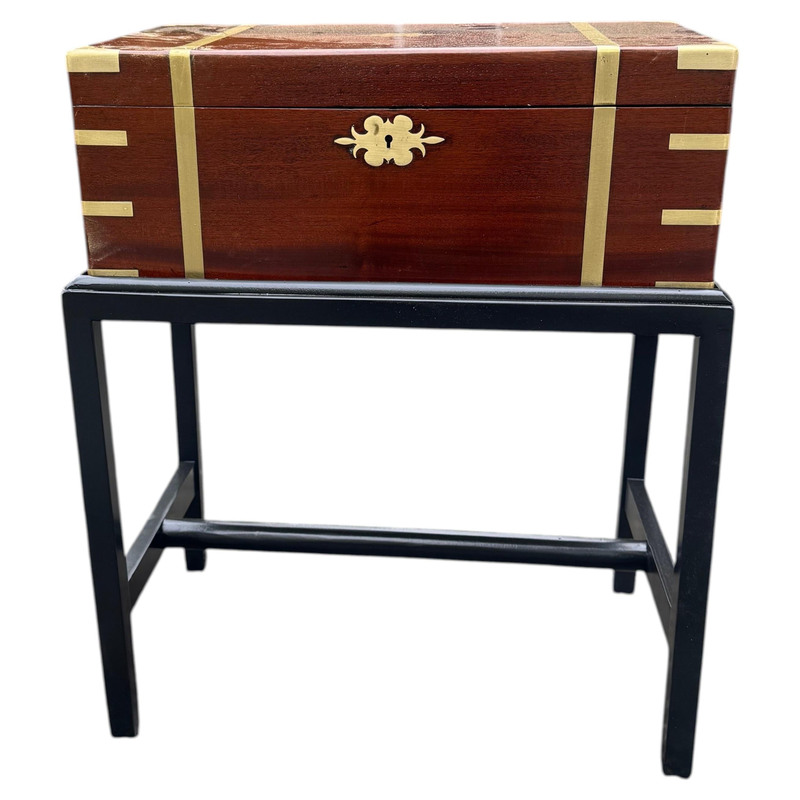 Antique English Campaign Travel Lap Desk on Custom Stand For Sale
