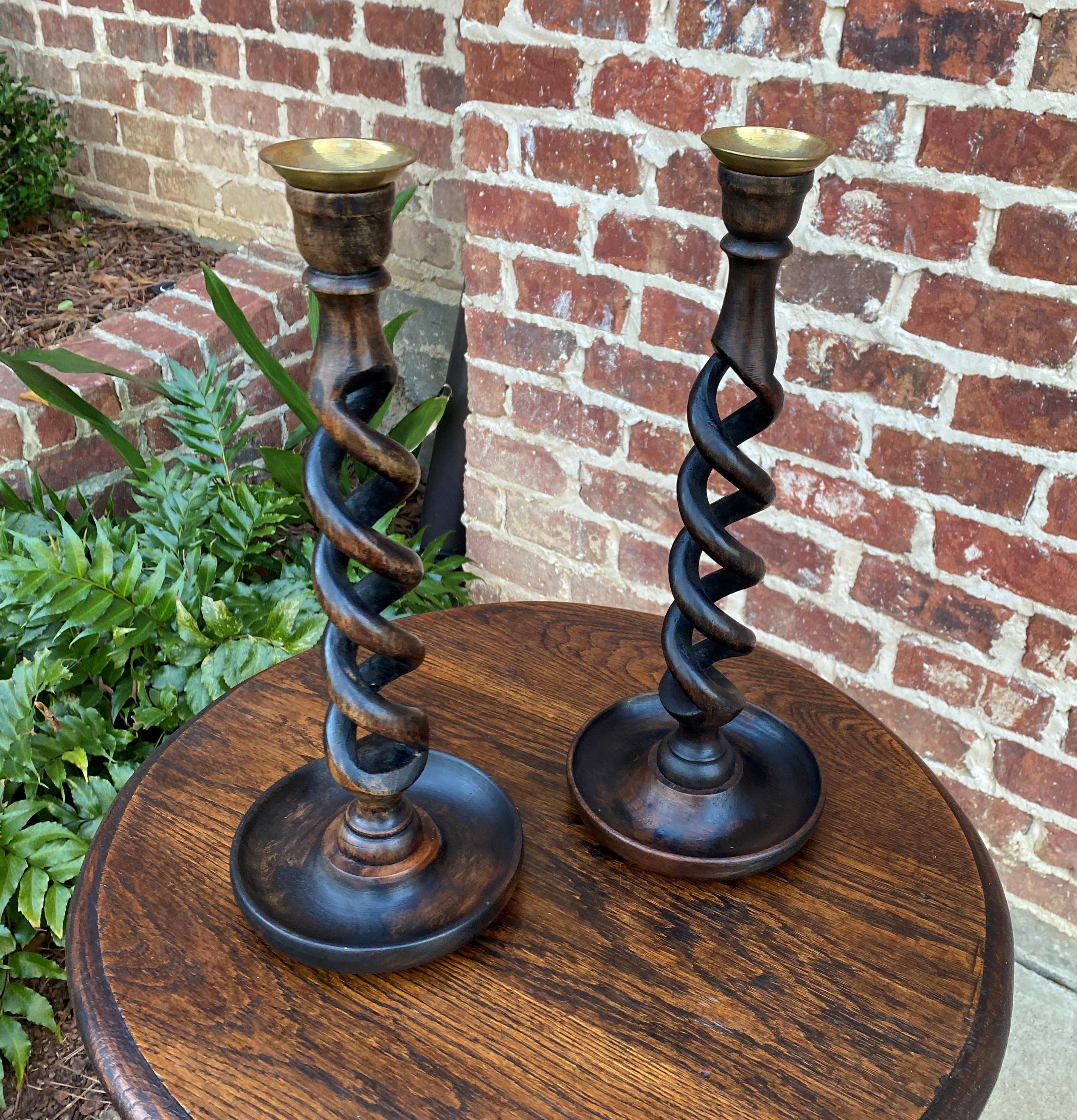 Jacobean Antique English Candlesticks Candle Holders Open Barley Twist Oak Pair