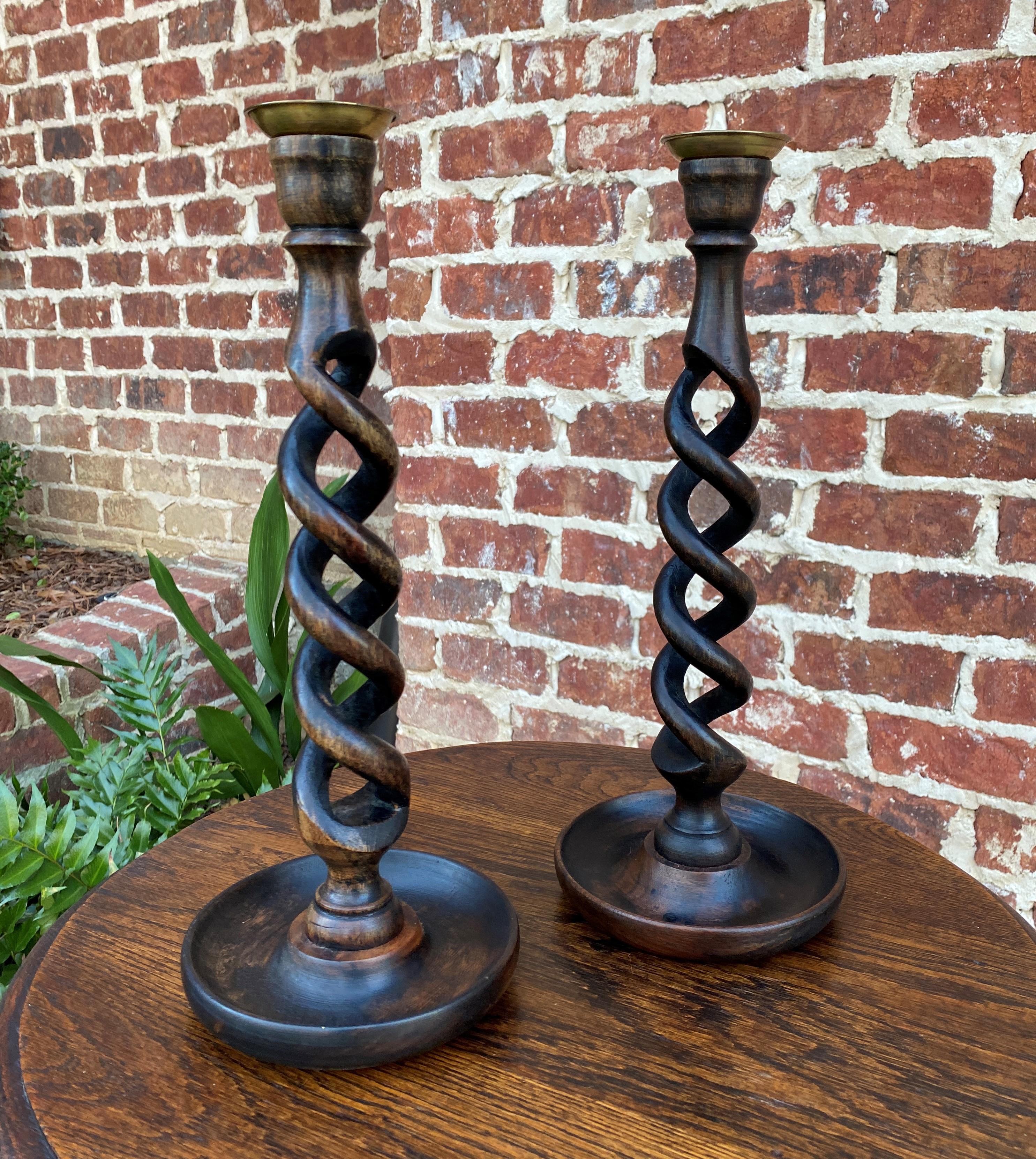 Carved Antique English Candlesticks Candle Holders Open Barley Twist Oak Pair