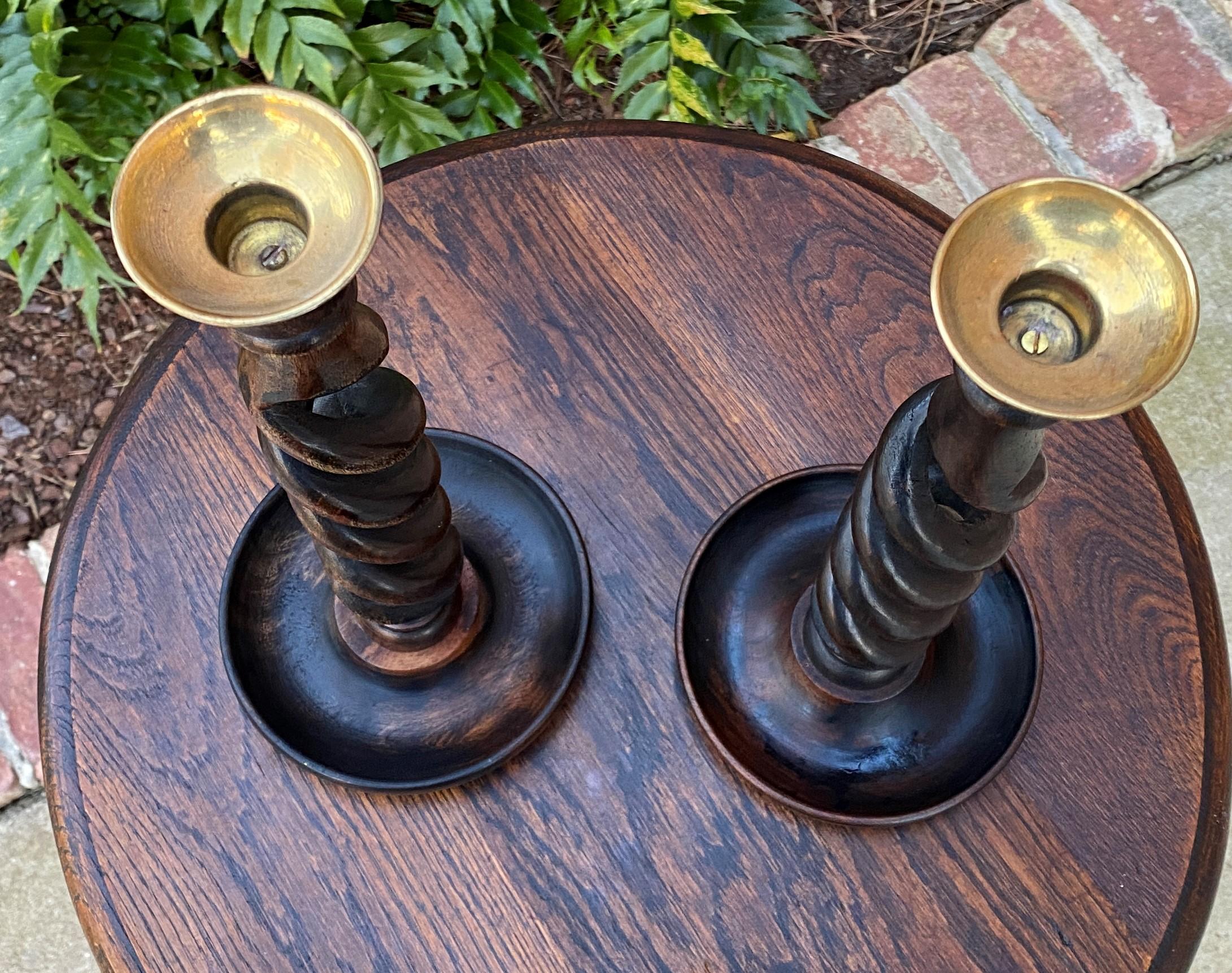 Antique English Candlesticks Candle Holders Open Barley Twist Oak Pair In Good Condition In Tyler, TX