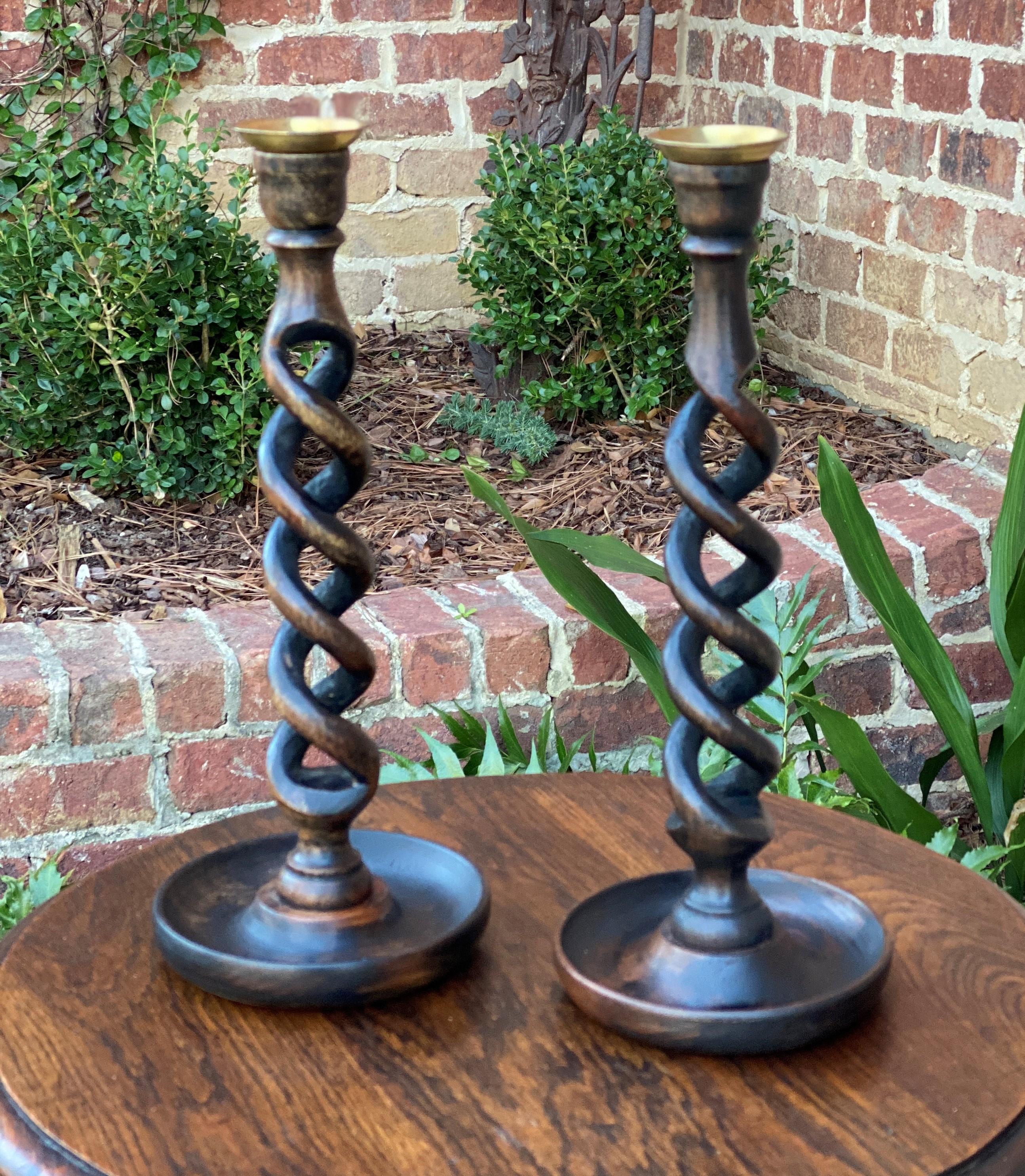 Mid-20th Century Antique English Candlesticks Candle Holders Open Barley Twist Oak Pair
