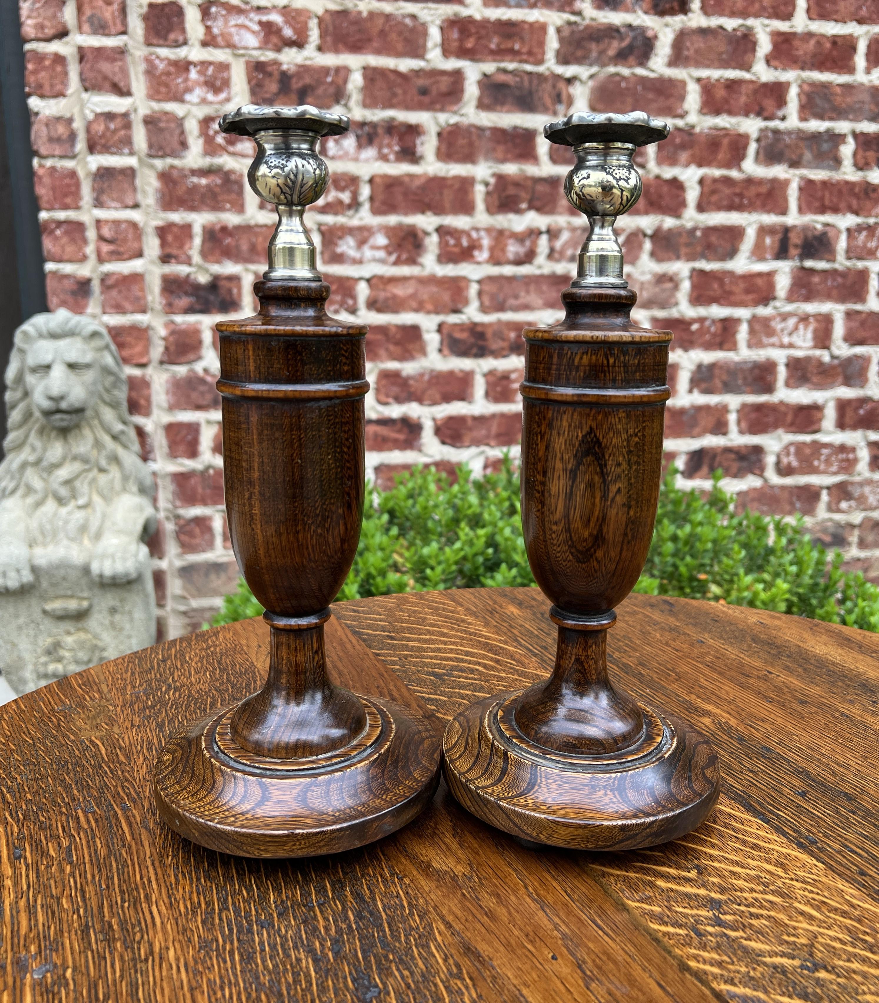 Antique English Candlesticks Candle Holders Oak Pair Unique 5