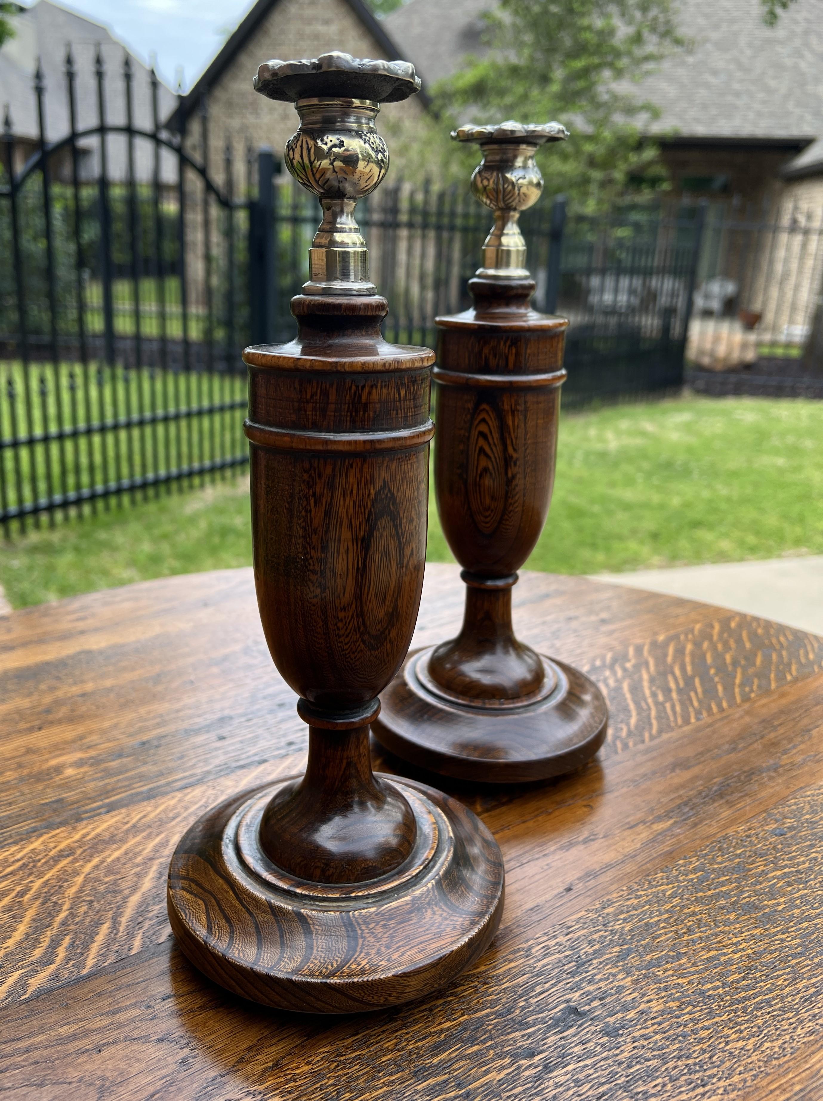 Arts and Crafts Antique English Candlesticks Candle Holders Oak Pair Unique
