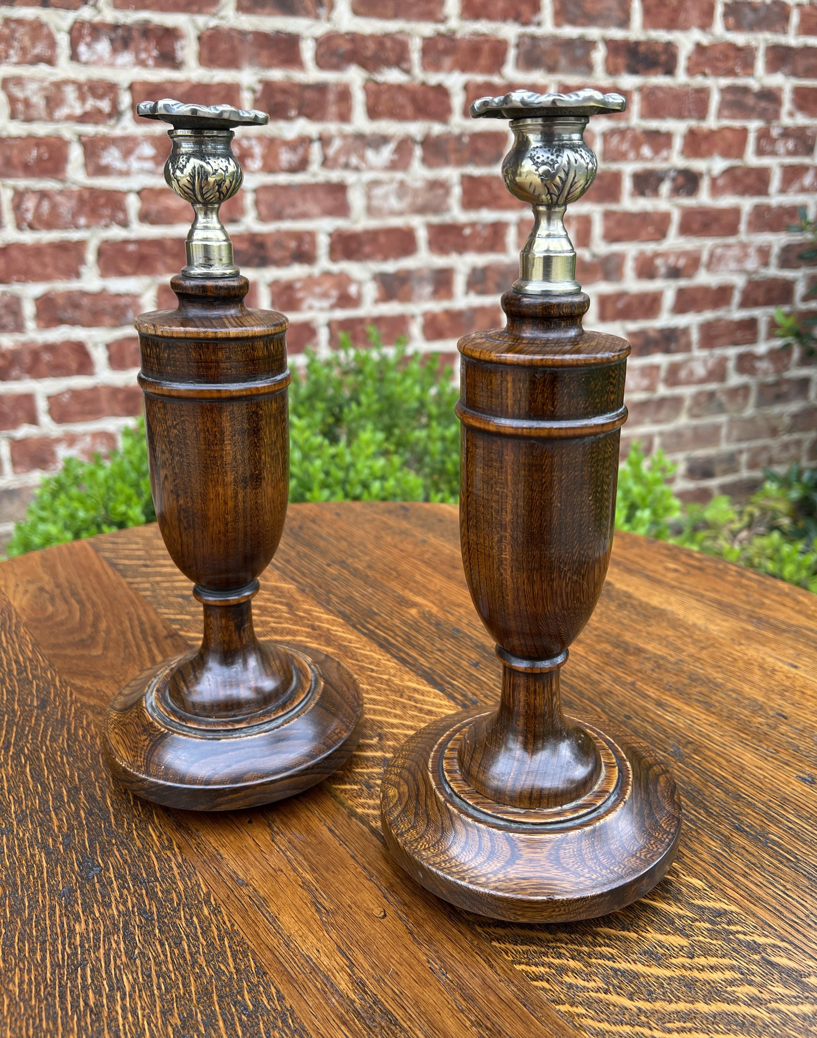 Carved Antique English Candlesticks Candle Holders Oak Pair Unique