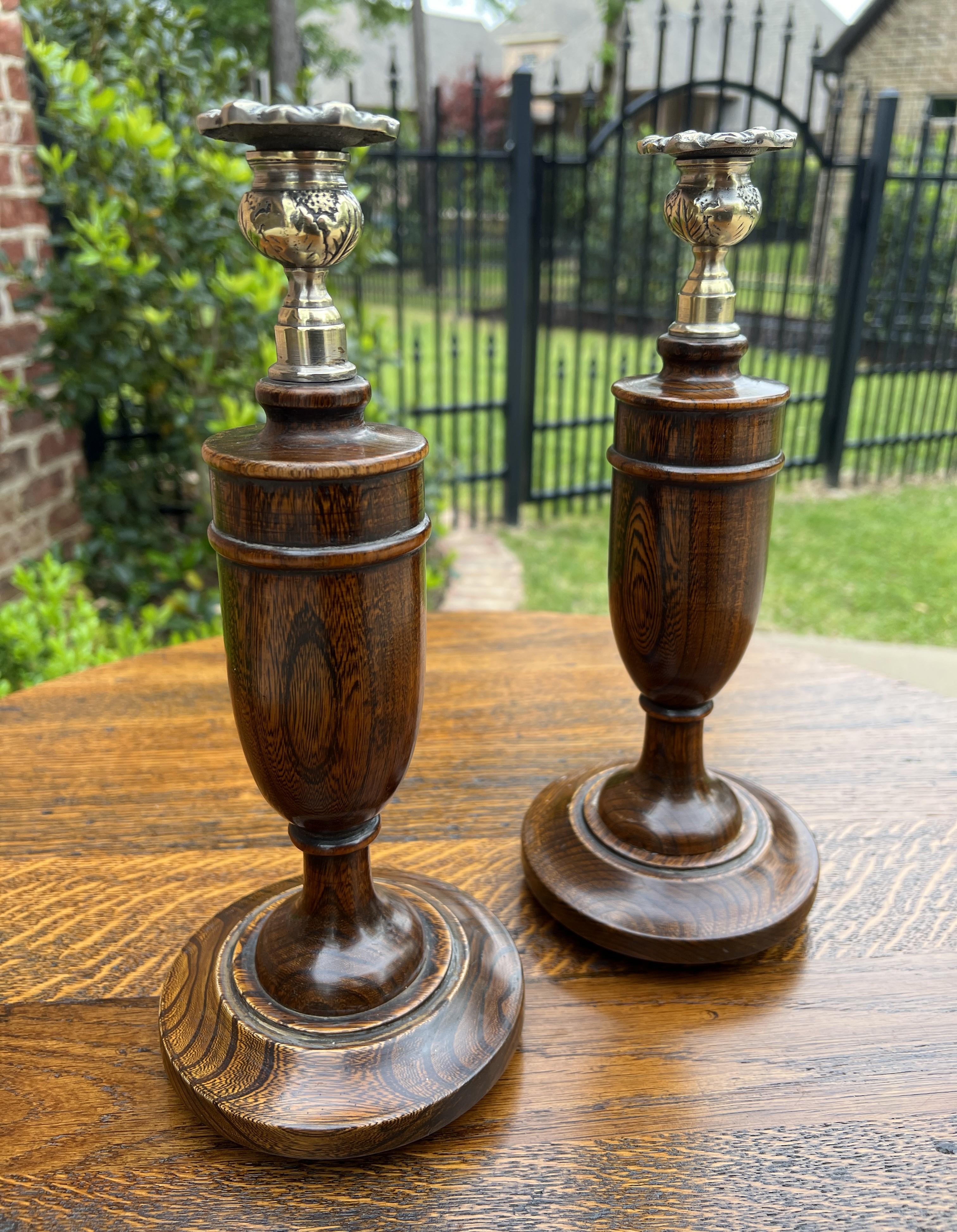 Antique English Candlesticks Candle Holders Oak Pair Unique 2