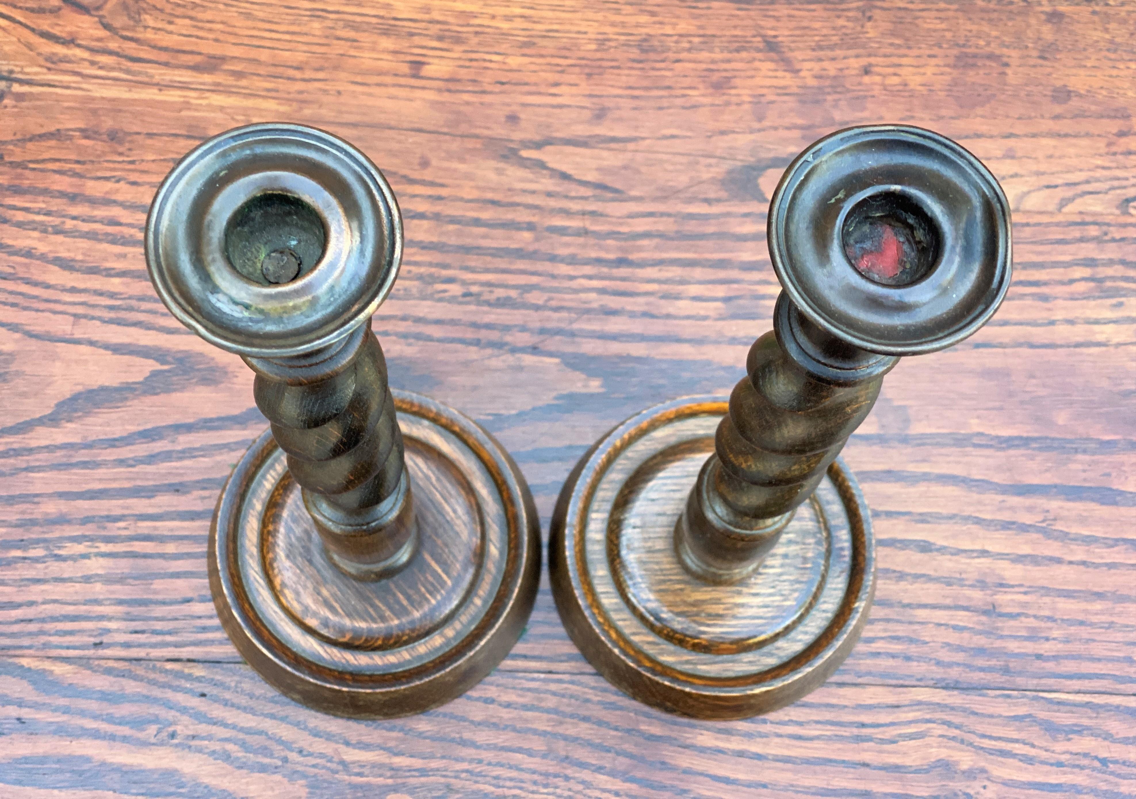 Antique English Candlesticks Candle Holders Tall Barley Twist Oak Pair 3