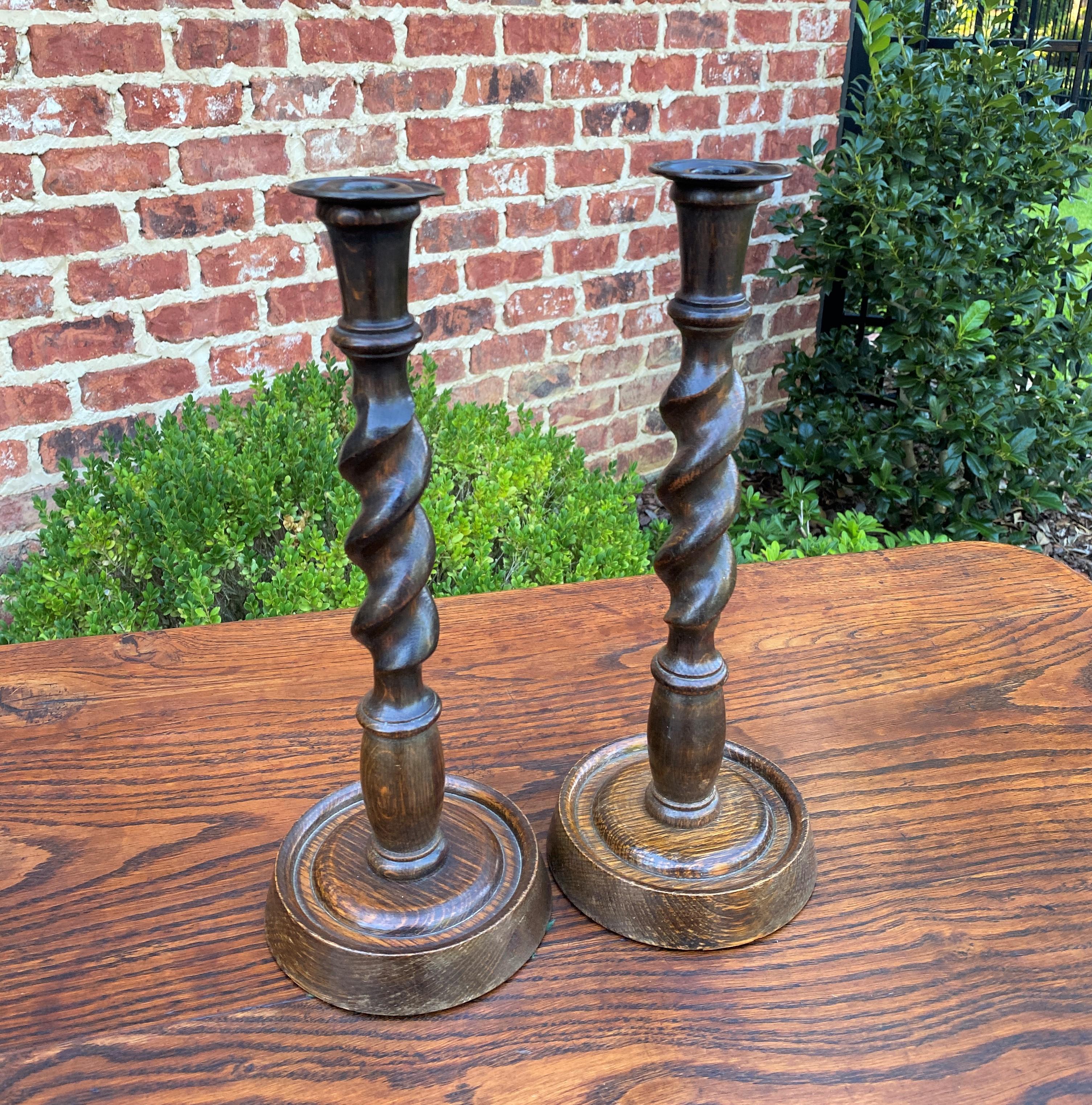 Antique English Candlesticks Candle Holders Tall Barley Twist Oak Pair 4