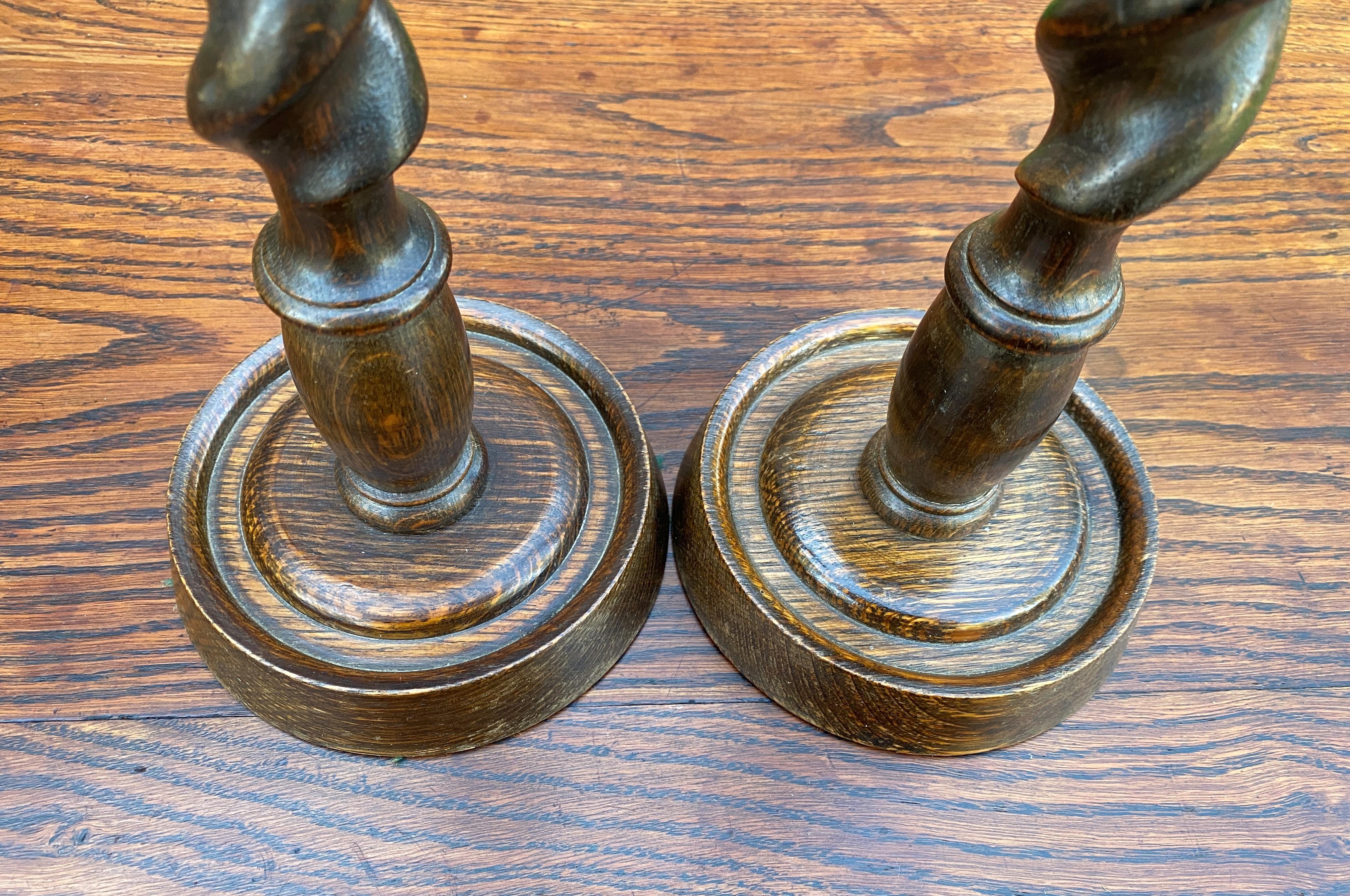Antique English Candlesticks Candle Holders Tall Barley Twist Oak Pair 6