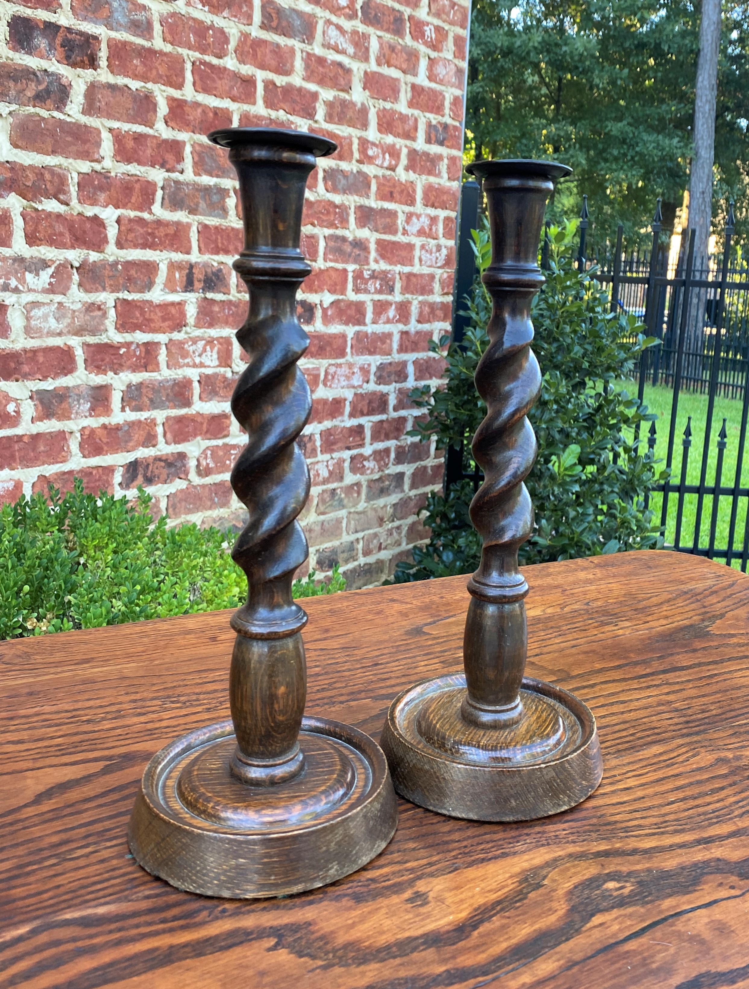 Arts and Crafts Antique English Candlesticks Candle Holders Tall Barley Twist Oak Pair