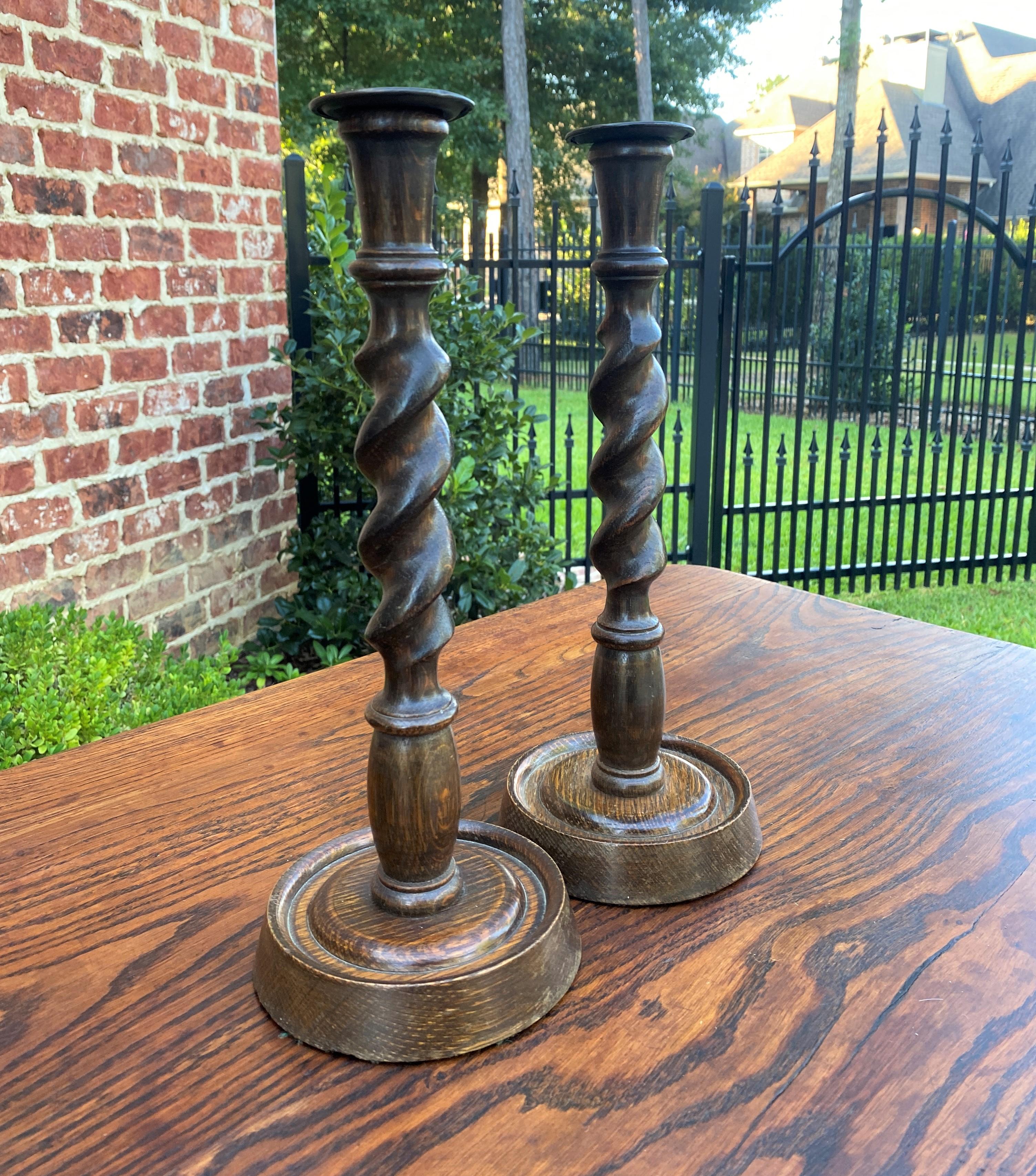 Carved Antique English Candlesticks Candle Holders Tall Barley Twist Oak Pair