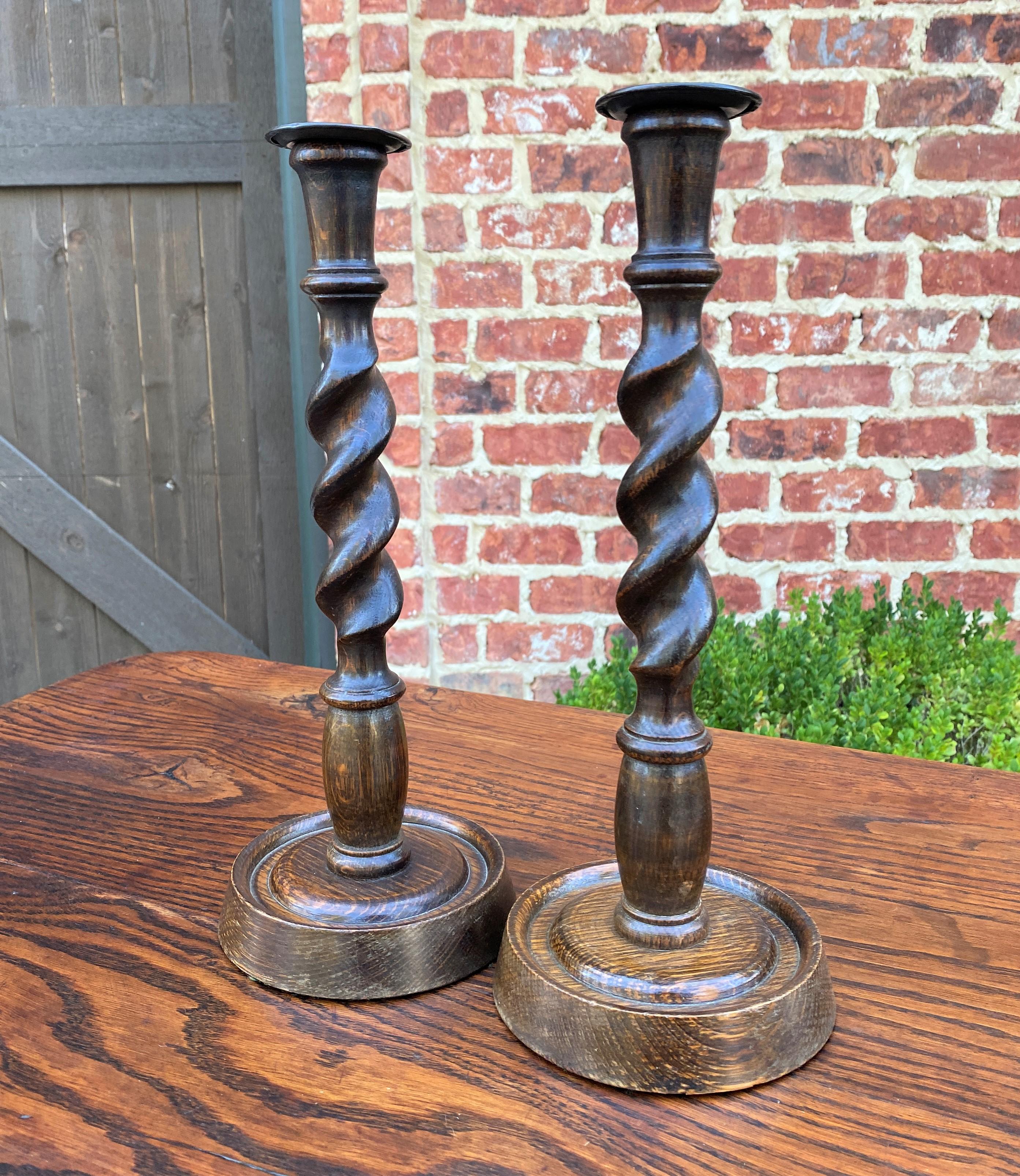 Antique English Candlesticks Candle Holders Tall Barley Twist Oak Pair In Good Condition In Tyler, TX