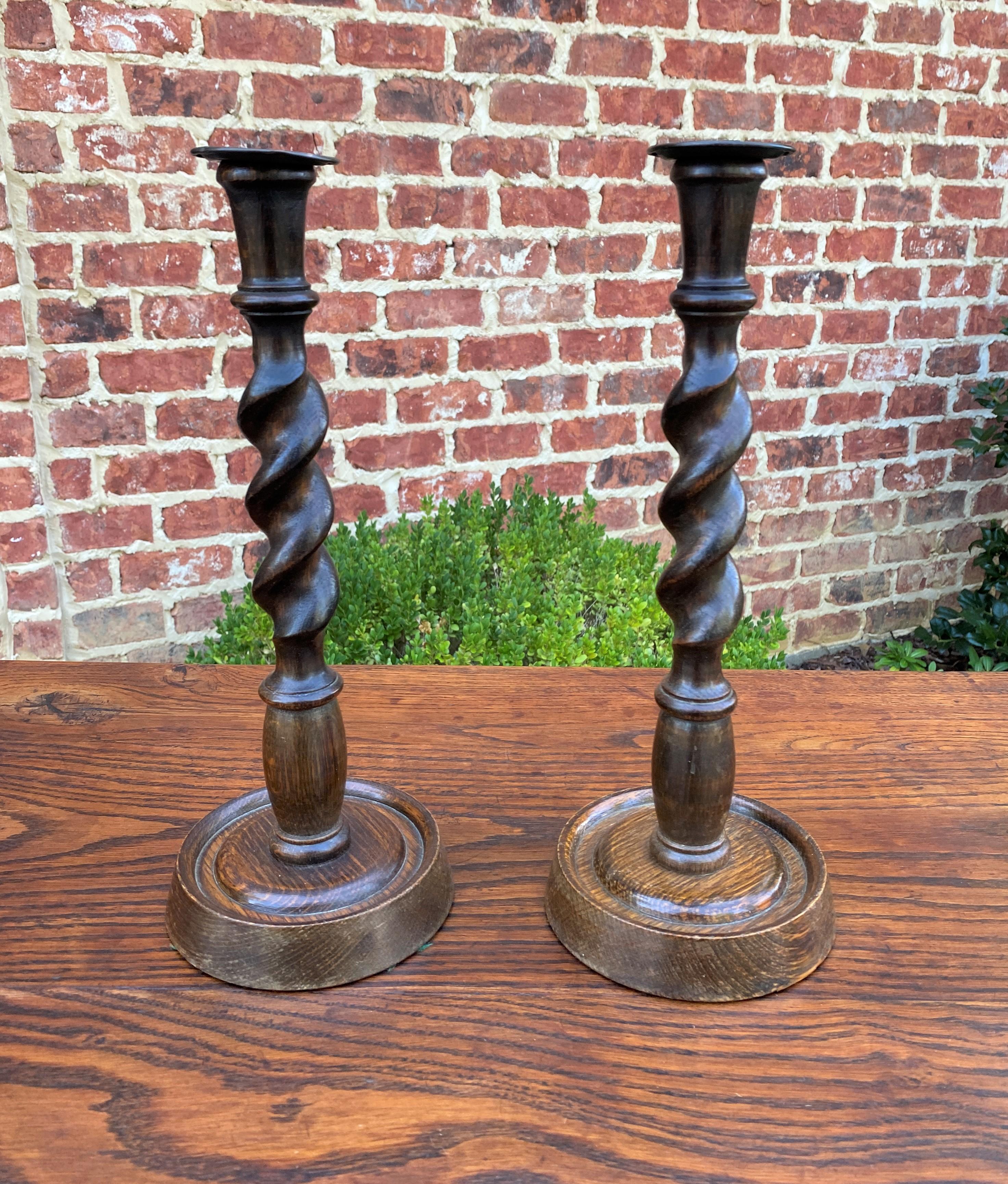 Brass Antique English Candlesticks Candle Holders Tall Barley Twist Oak Pair