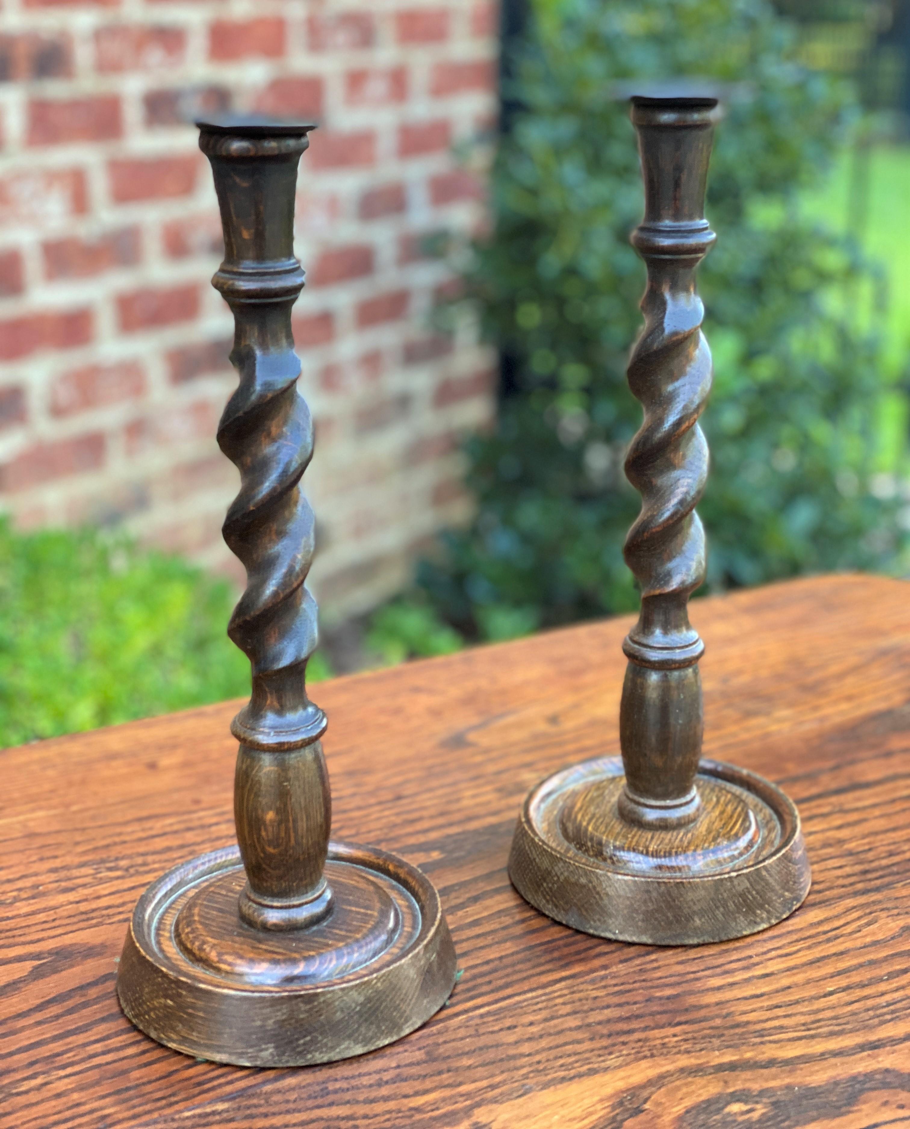 Antique English Candlesticks Candle Holders Tall Barley Twist Oak Pair 1