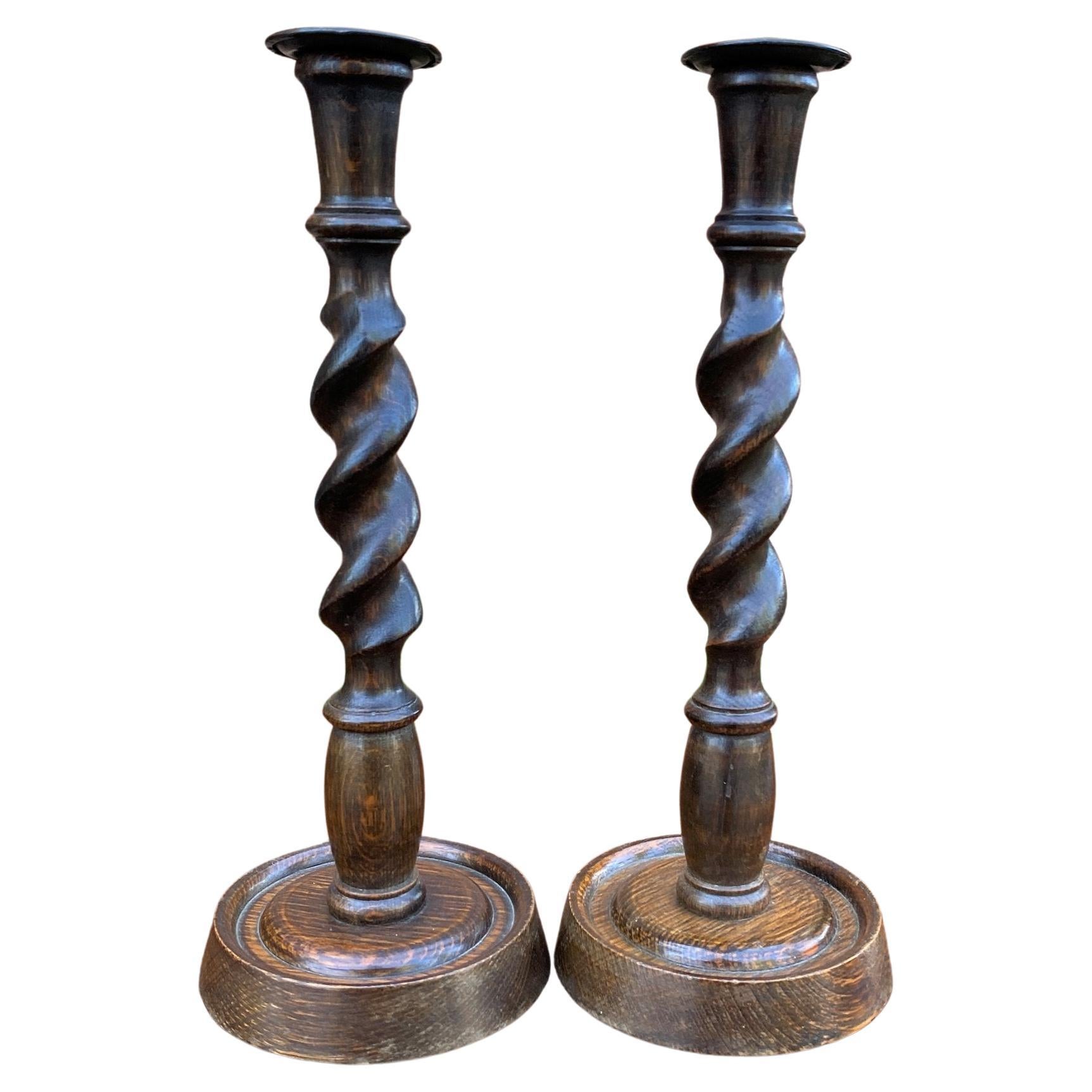 Antique English Candlesticks Candle Holders Tall Barley Twist Oak Pair
