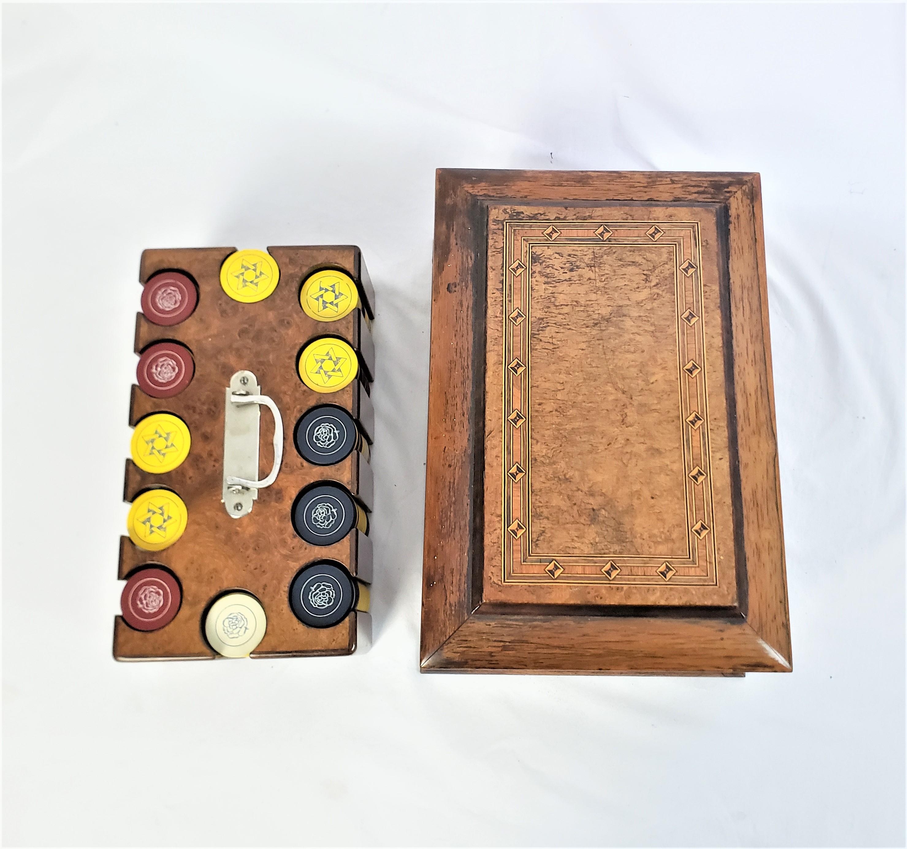 Antique English Card & Poker Chip Marquetry Box with Pull Out Carousel Tray In Good Condition For Sale In Hamilton, Ontario
