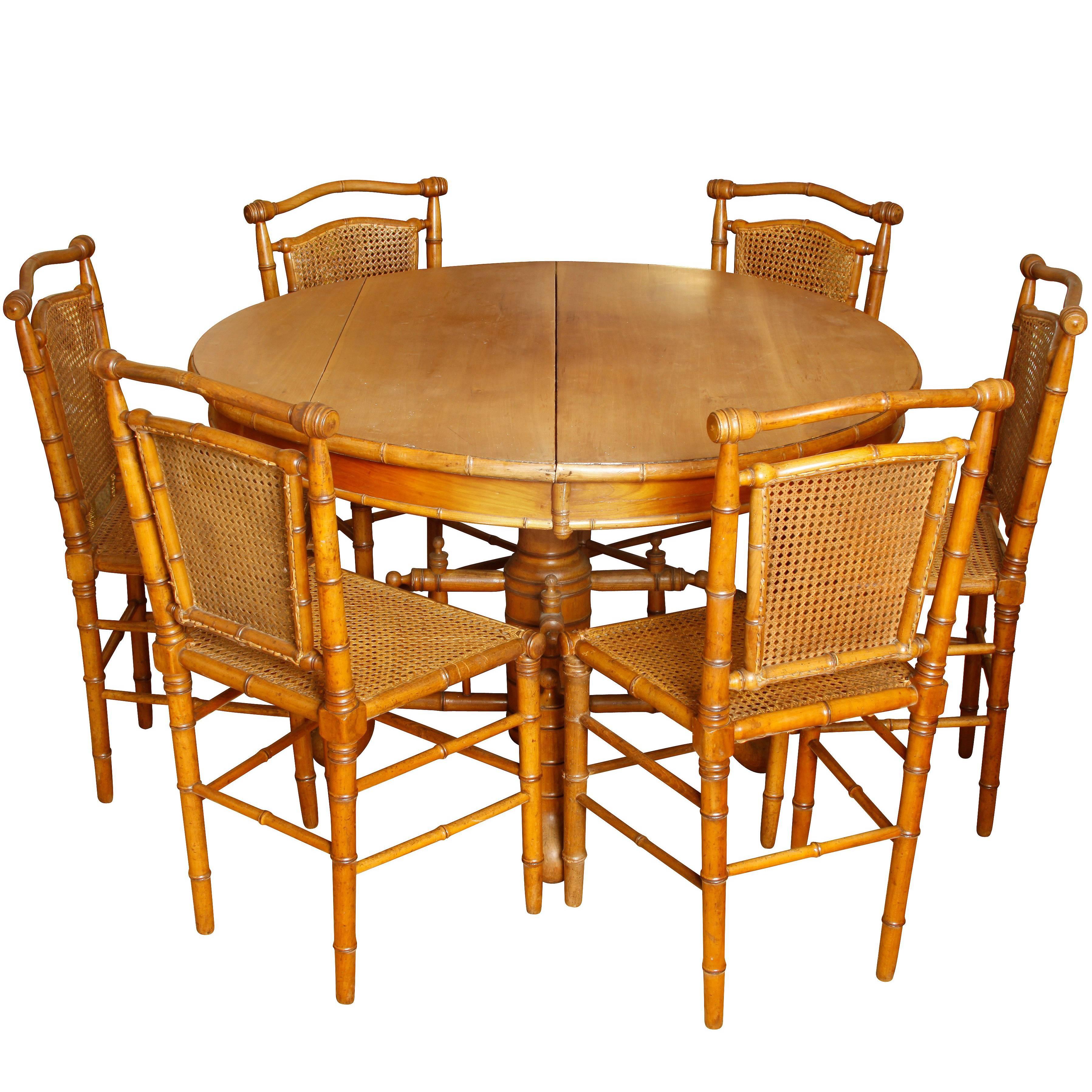 Antique English Carved Bamboo Table and Six Chairs