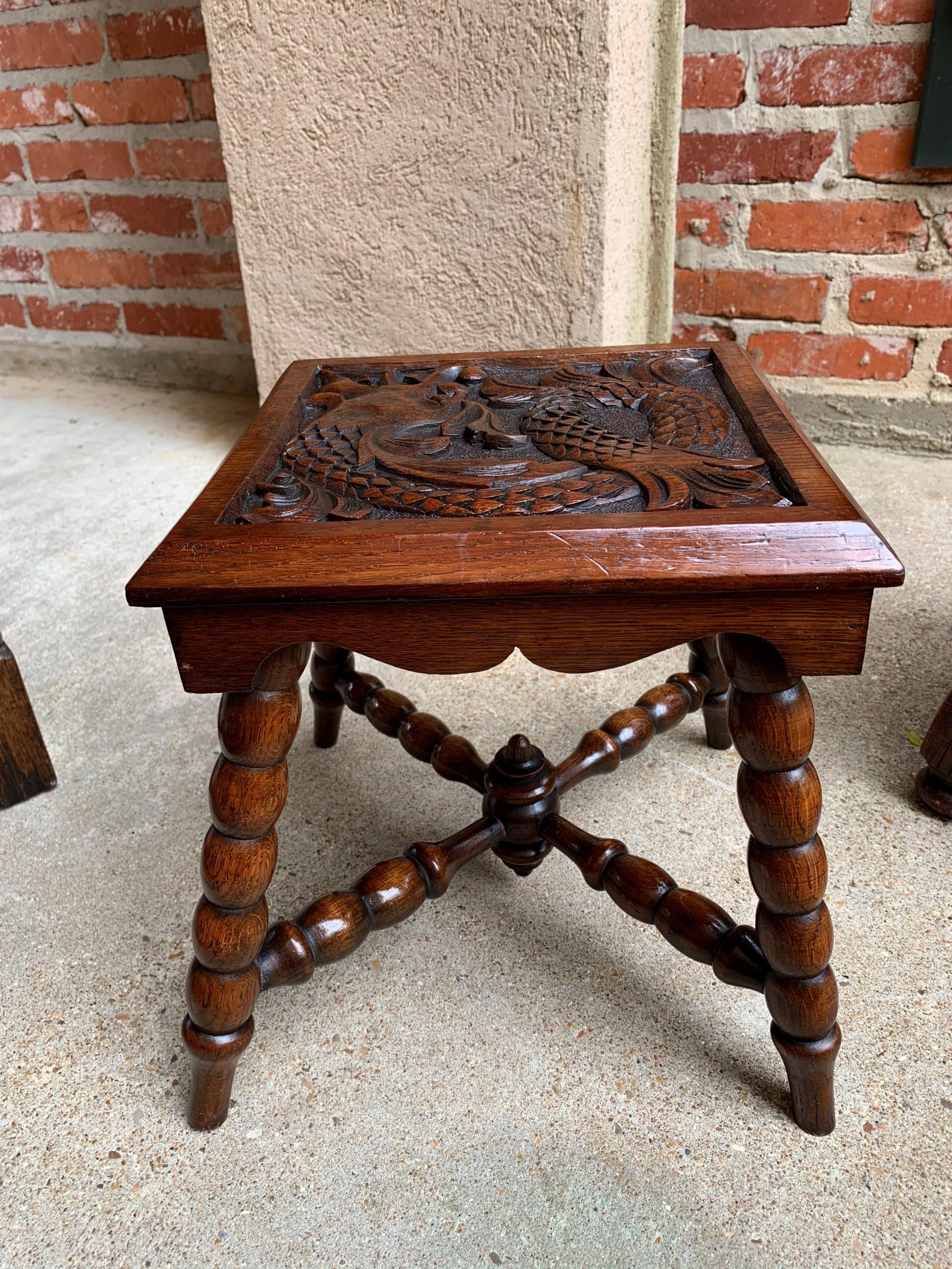 Antique English Carved Bench Stool End Table Square Display Stand Renaissance 8