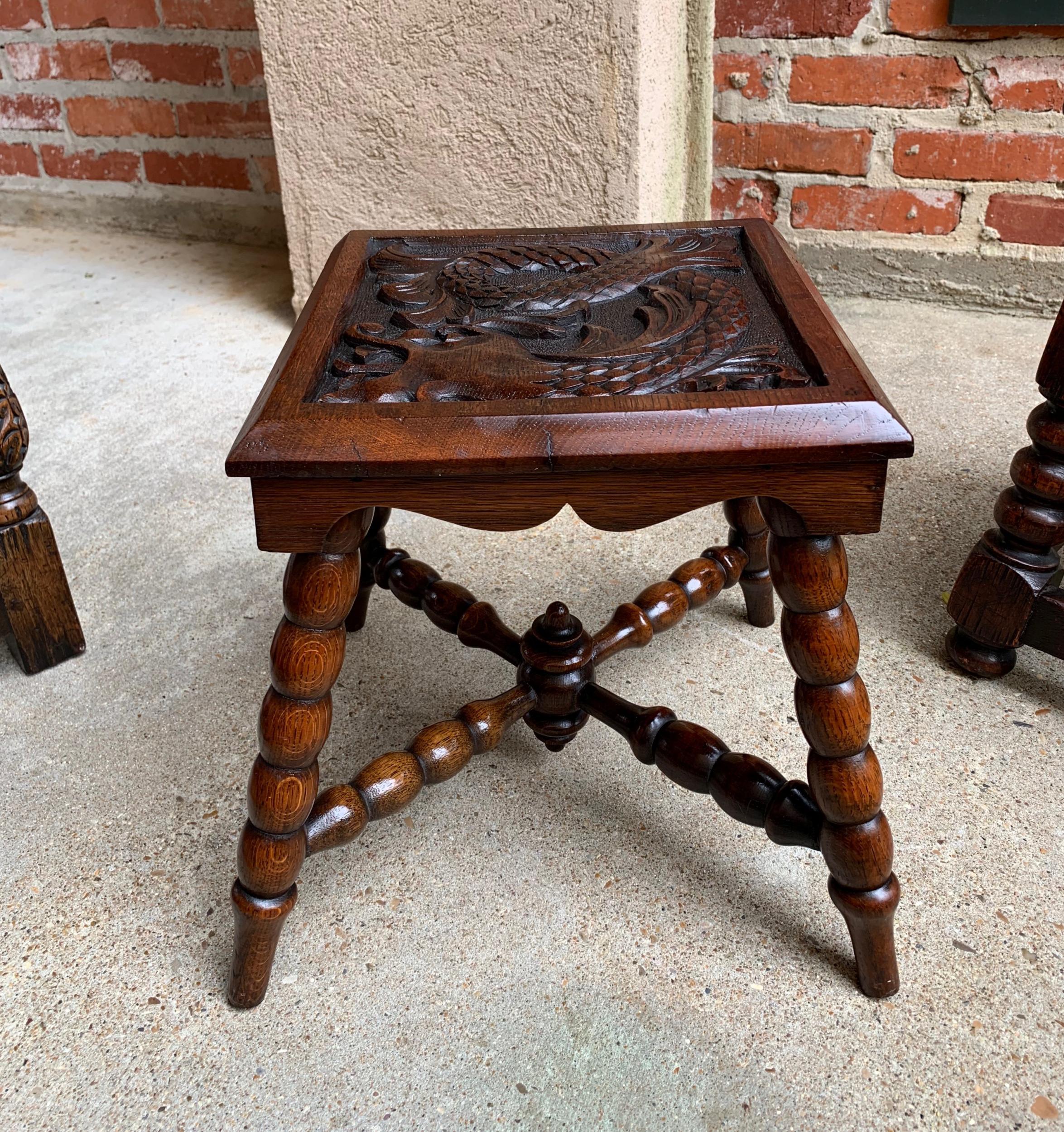 Antique English Carved Bench Stool End Table Square Display Stand Renaissance  9