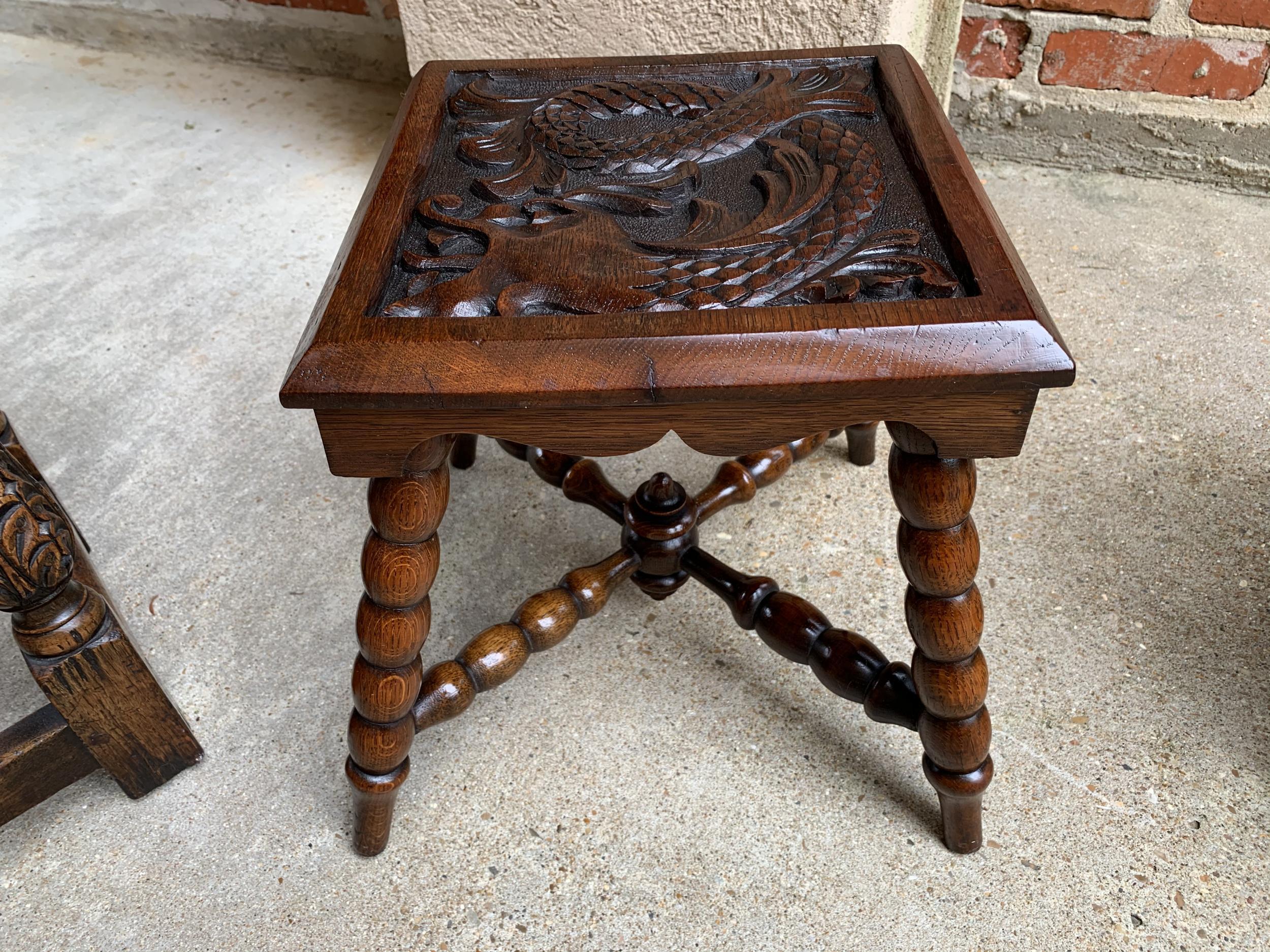 Antique English carved bench stool end table square display stand renaissance

~Direct from England~
~One of several outstanding small carved antique English benches/stools from our latest container!~
~This distinctive stool has a stunning, relief