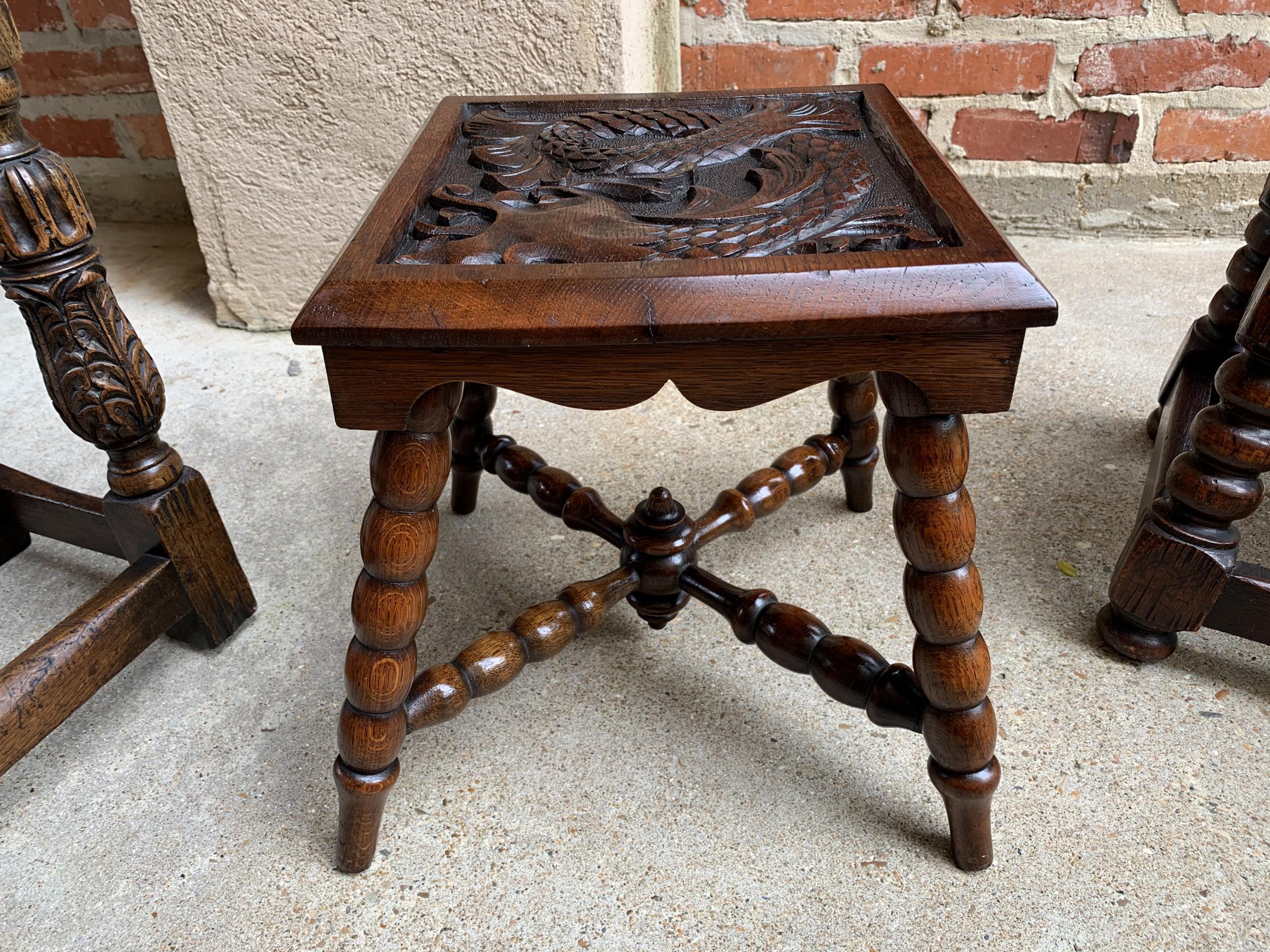 British Antique English Carved Bench Stool End Table Square Display Stand Renaissance 