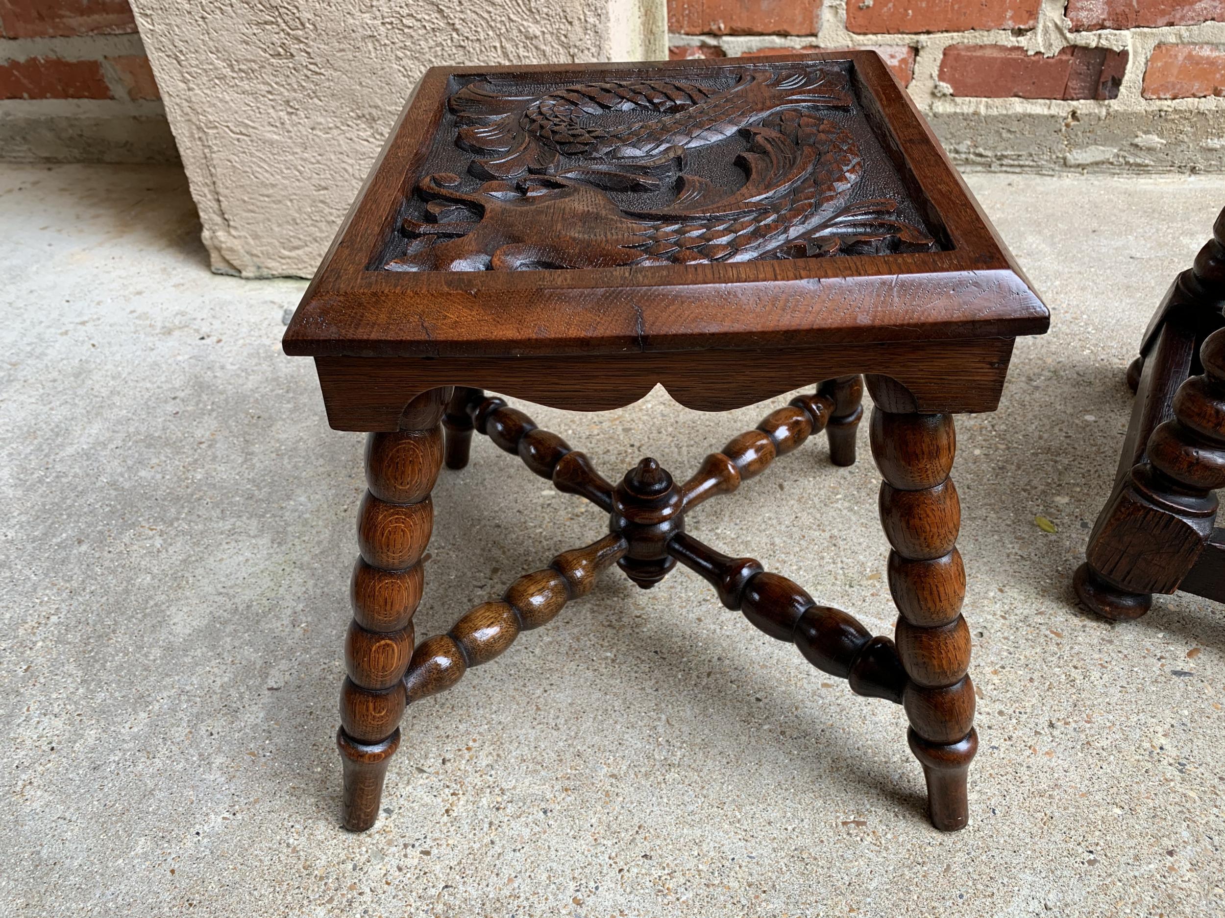 20th Century Antique English Carved Bench Stool End Table Square Display Stand Renaissance 