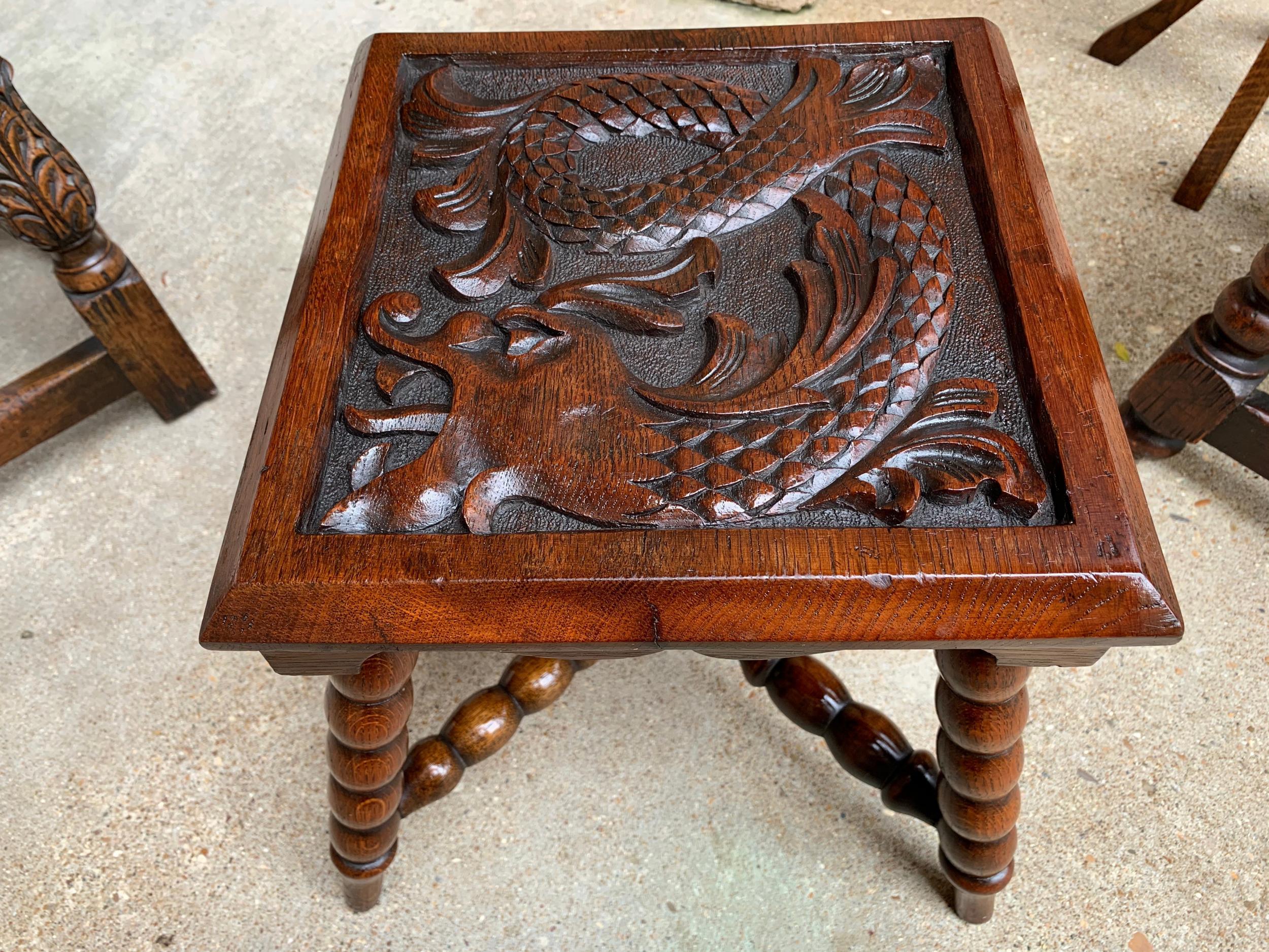 Wood Antique English Carved Bench Stool End Table Square Display Stand Renaissance