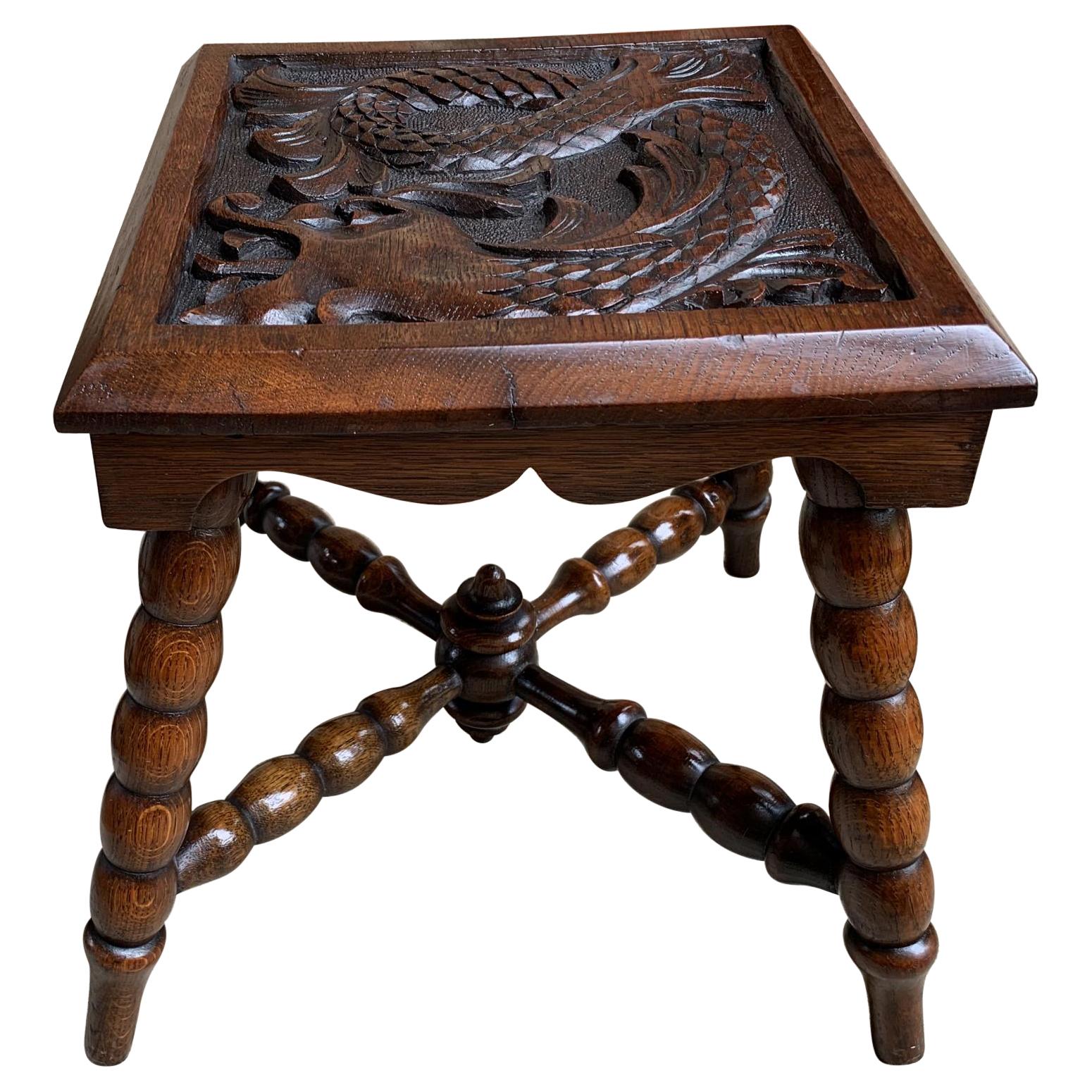 Ancienne table d'extrémité de banc ou bout de table carrée sculptée anglaise Renaissance 
