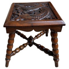 Antique English Carved Bench Stool End Table Square Display Stand Renaissance 
