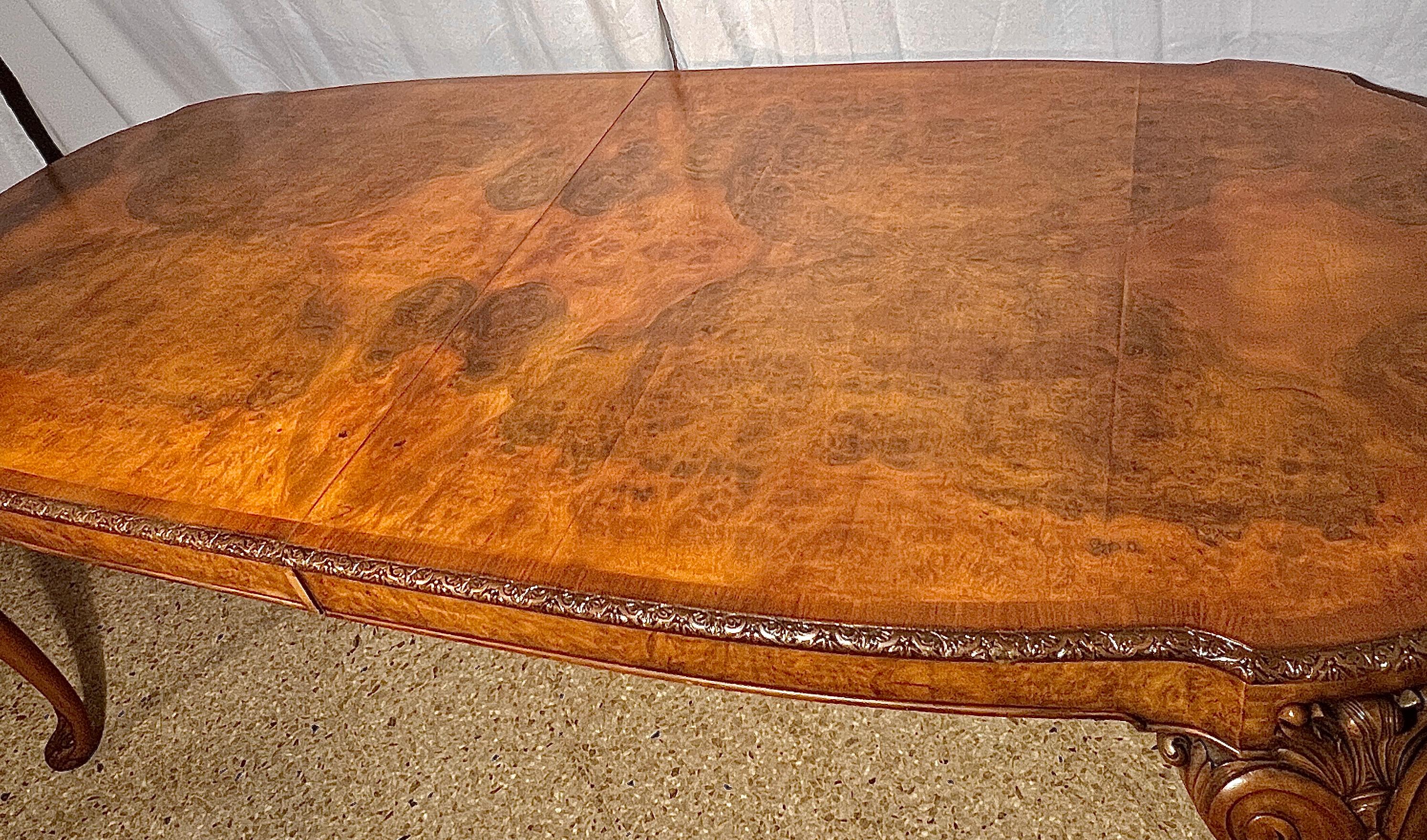 Antique English Carved Burled Walnut Dining Table with Interior Leaf, Circa 1900 For Sale 1