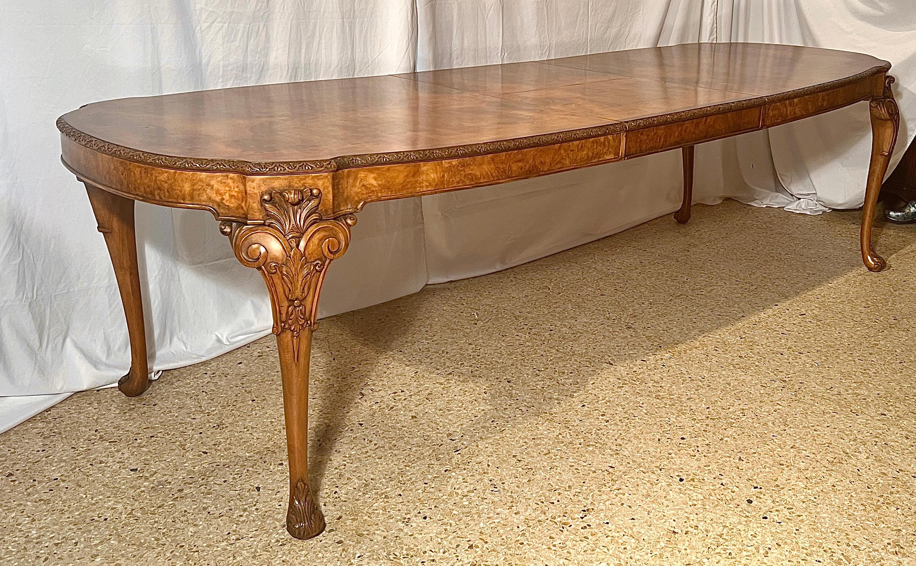 Antique English Carved Burled Walnut Dining Table with Interior 