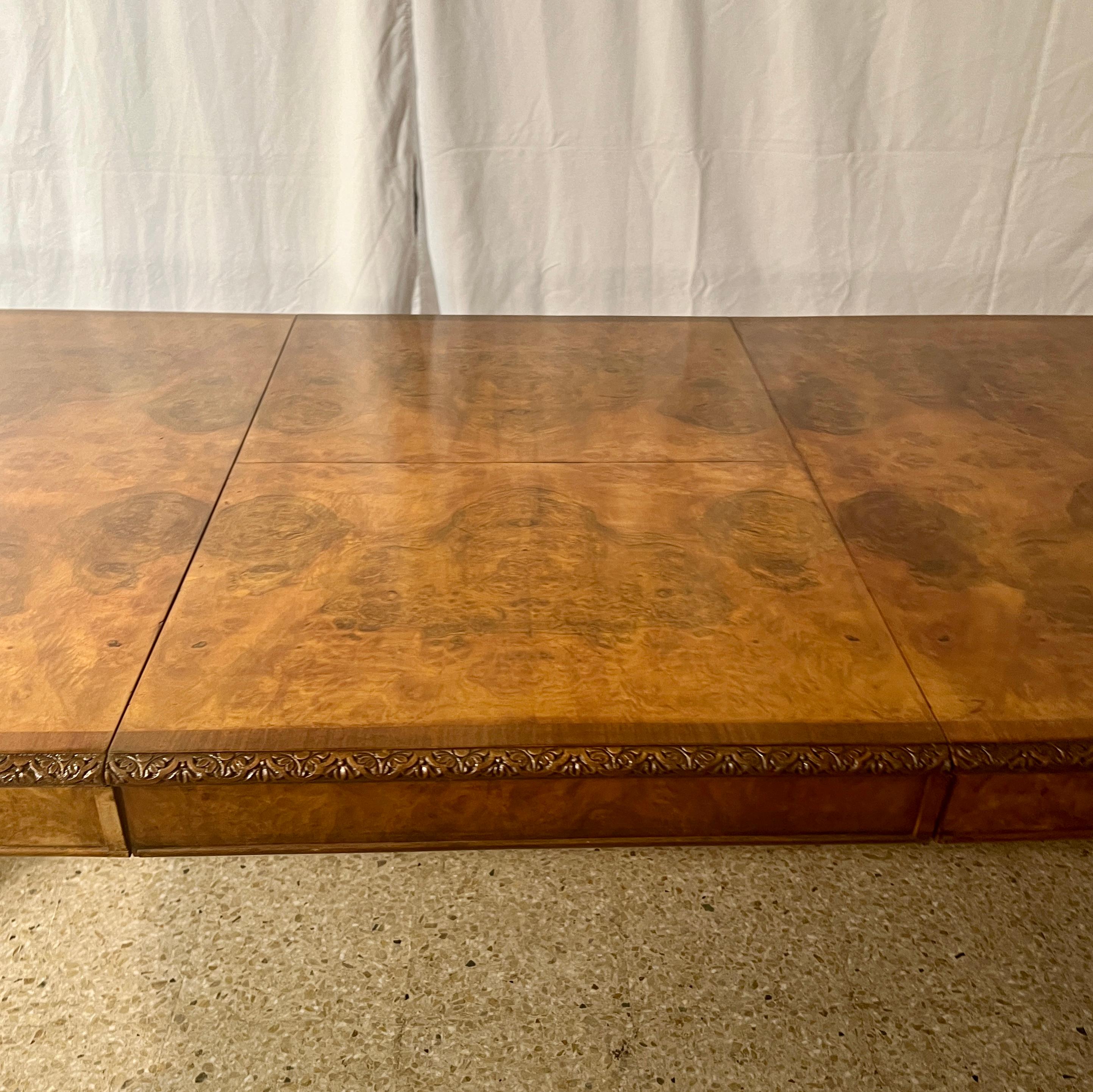 20th Century Antique English Carved Burled Walnut Dining Table with Interior Leaf, Circa 1900 For Sale