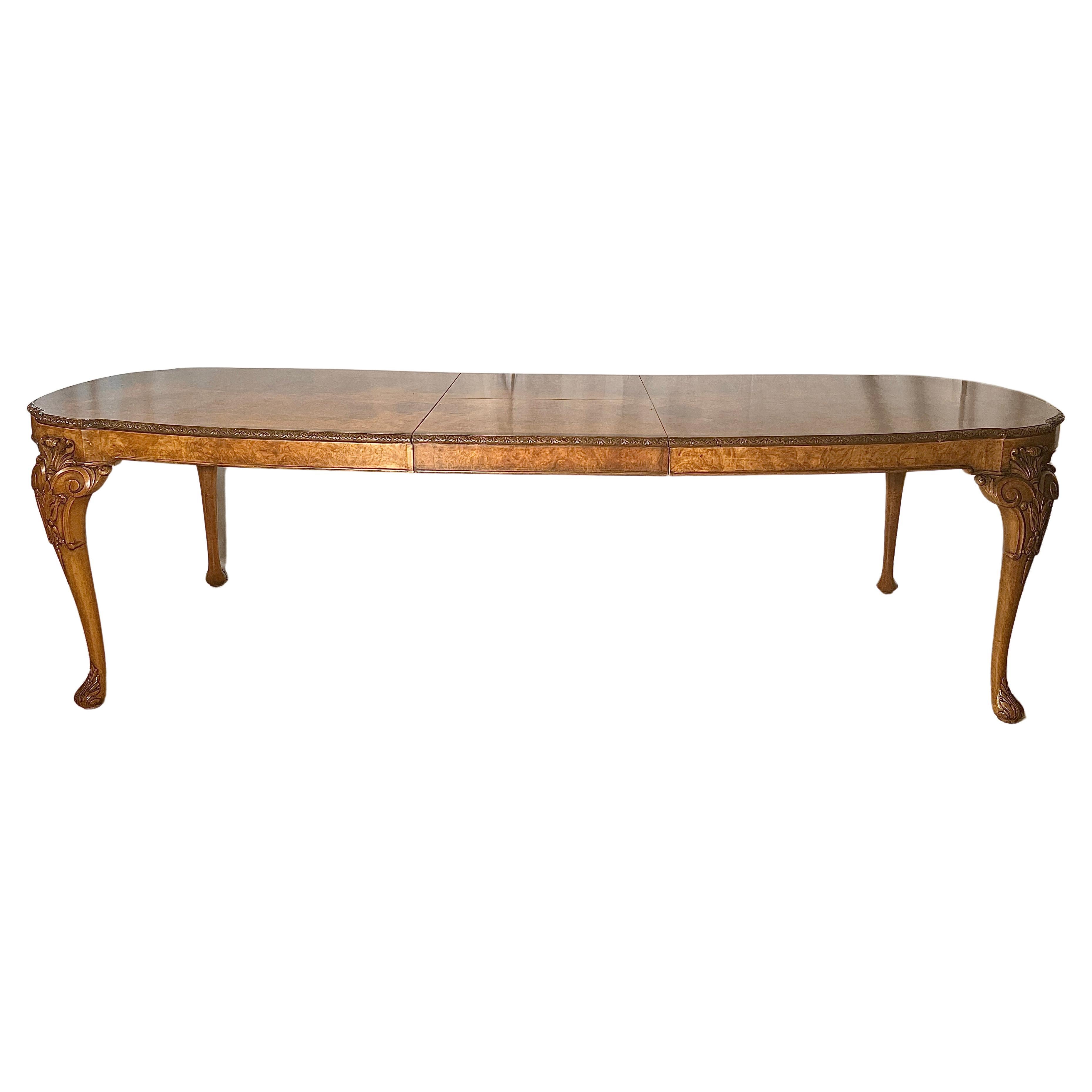 Antique English Carved Burled Walnut Dining Table with Interior Leaf, Circa 1900 For Sale
