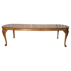 Antique English Carved Burled Walnut Dining Table with Interior Leaf, Circa 1900