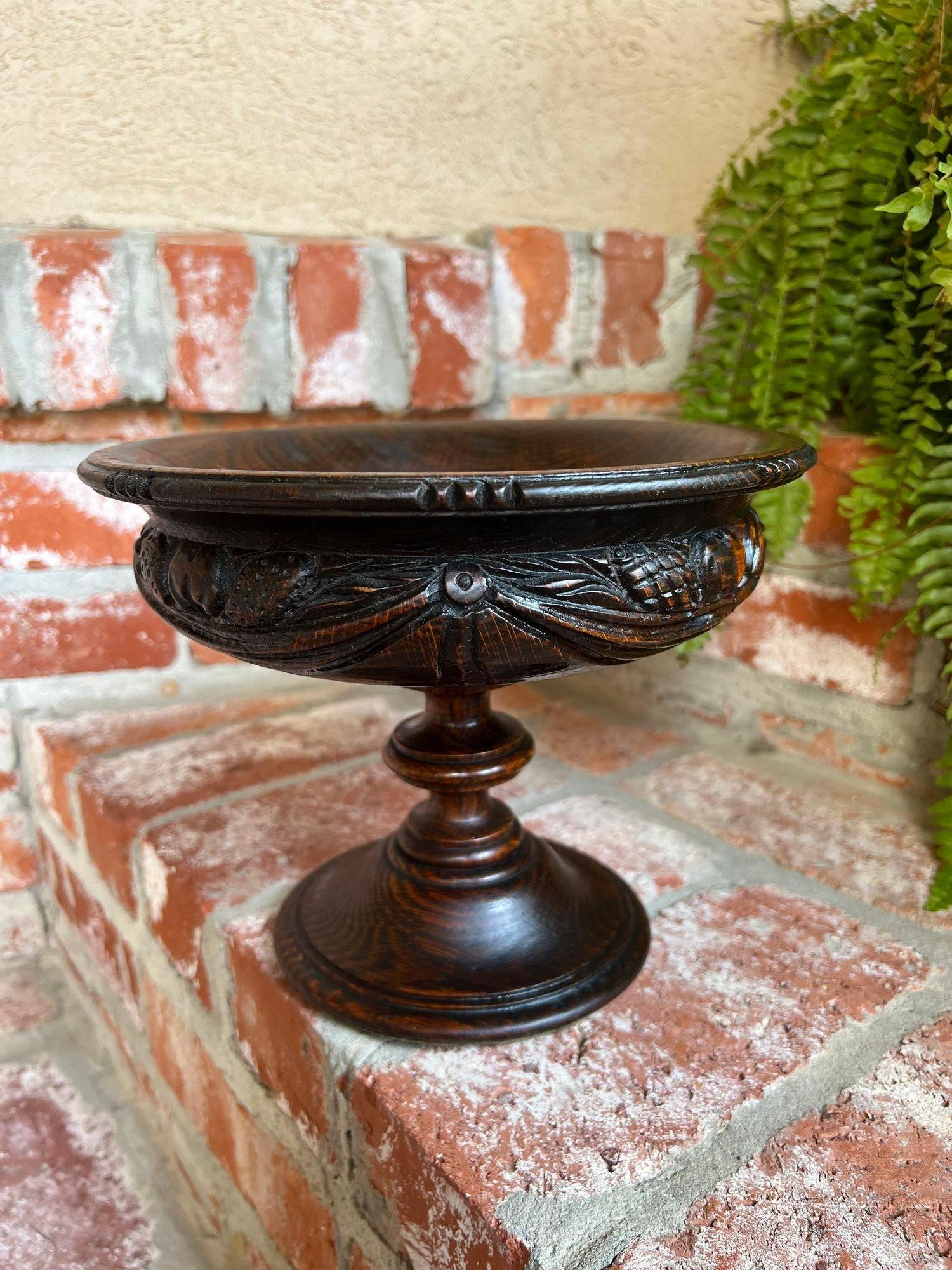 Antique English Carved Dark Oak Compote Pedestal Bowl Floral Dessert Stand For Sale 6