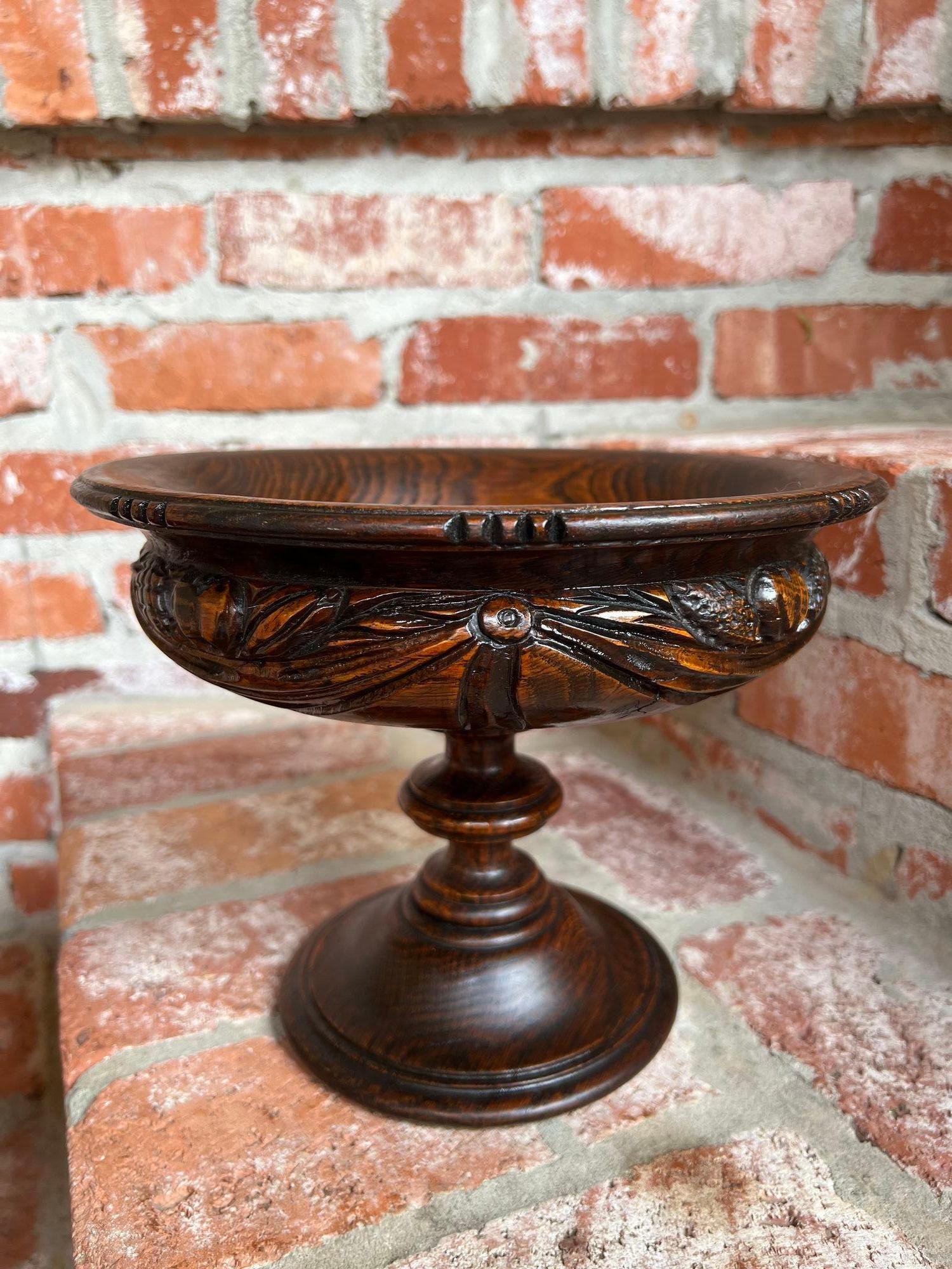 Antique English Carved Dark Oak Compote Pedestal Bowl Floral Dessert Stand For Sale 10
