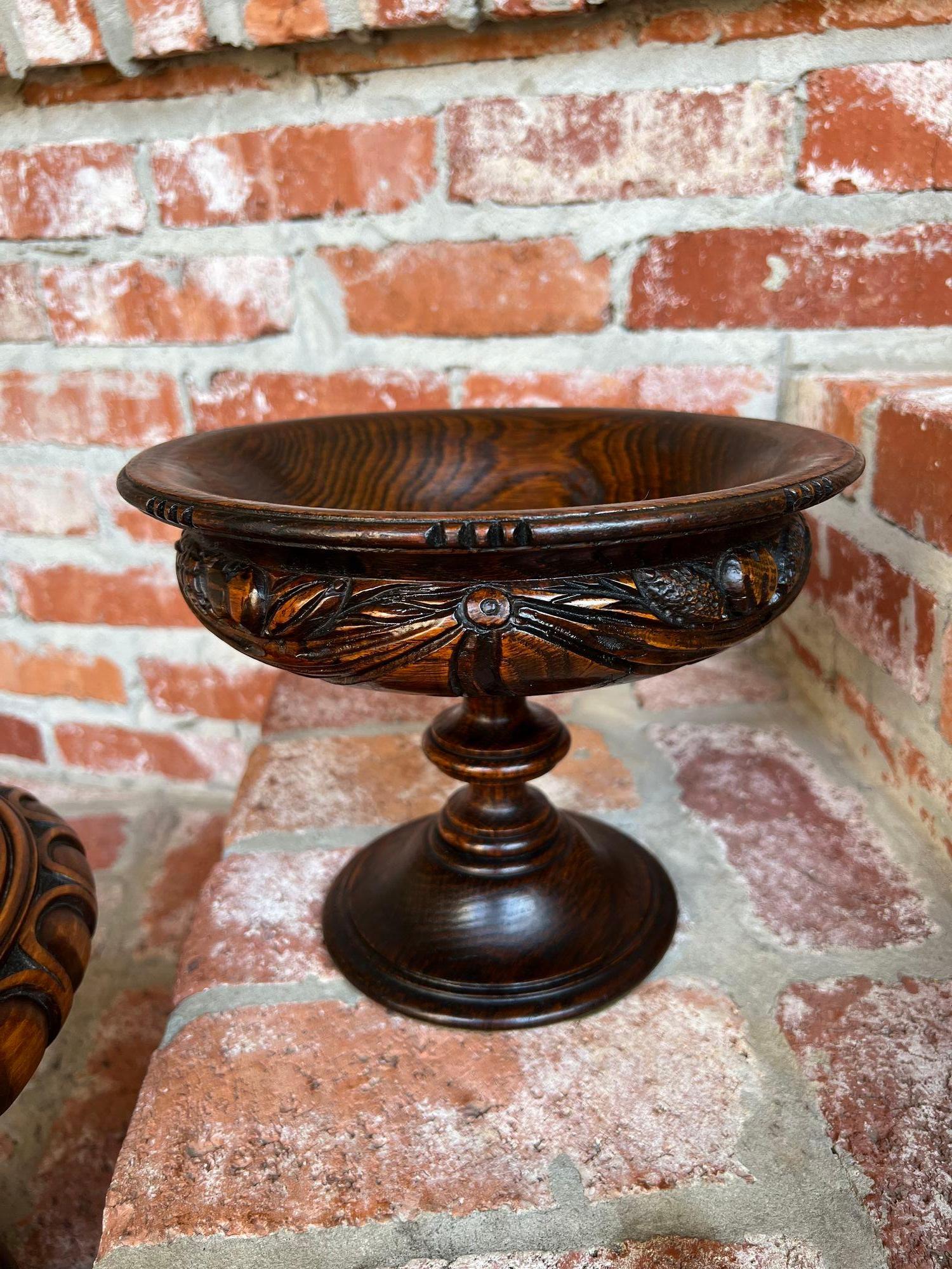 Antique English Carved Dark Oak Compote Pedestal Bowl Floral Dessert Stand For Sale 11