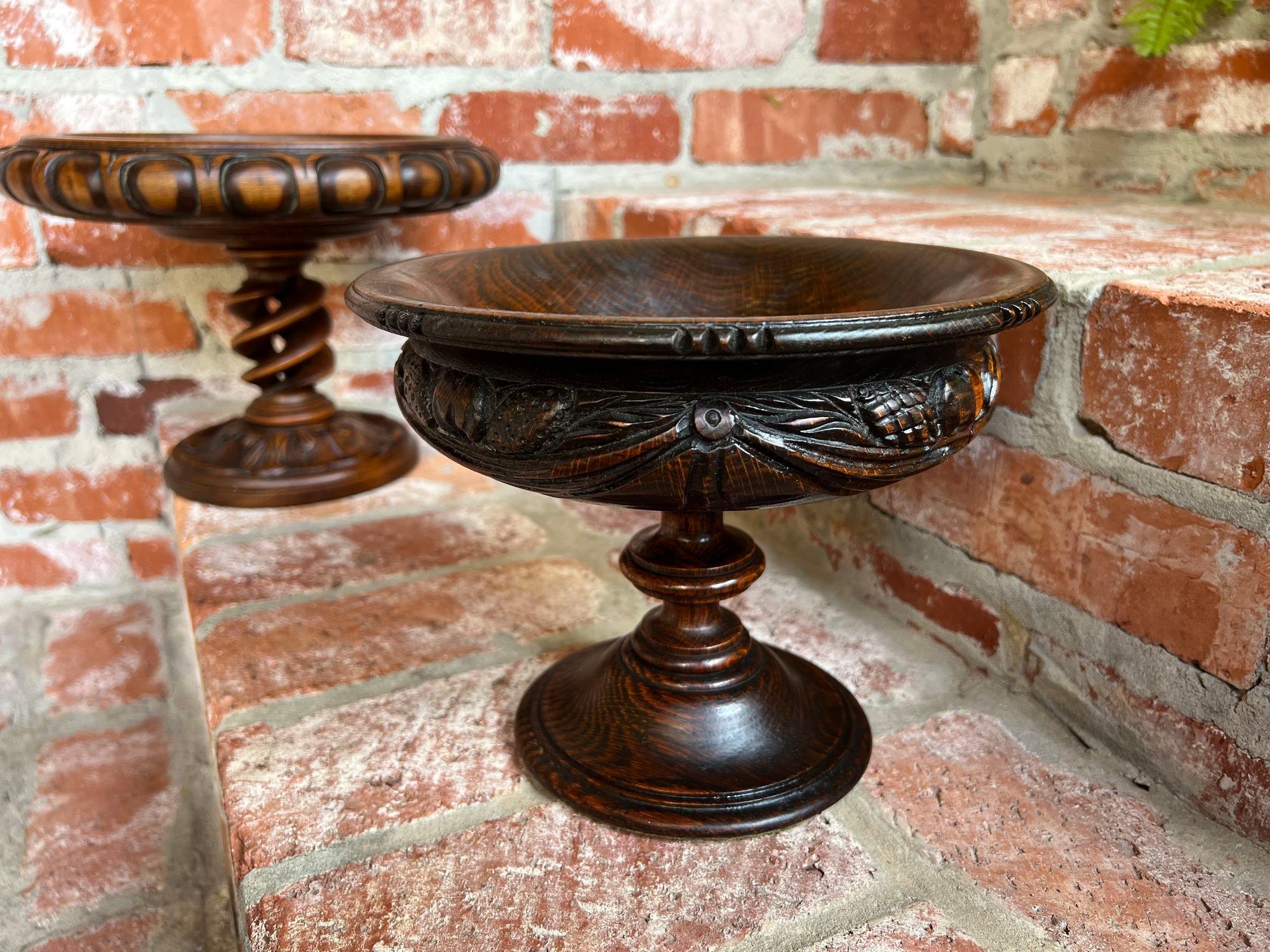 Victorian Antique English Carved Dark Oak Compote Pedestal Bowl Floral Dessert Stand For Sale