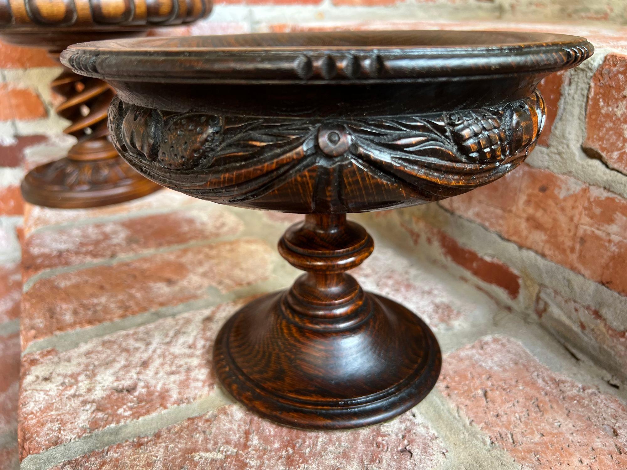 British Antique English Carved Dark Oak Compote Pedestal Bowl Floral Dessert Stand For Sale