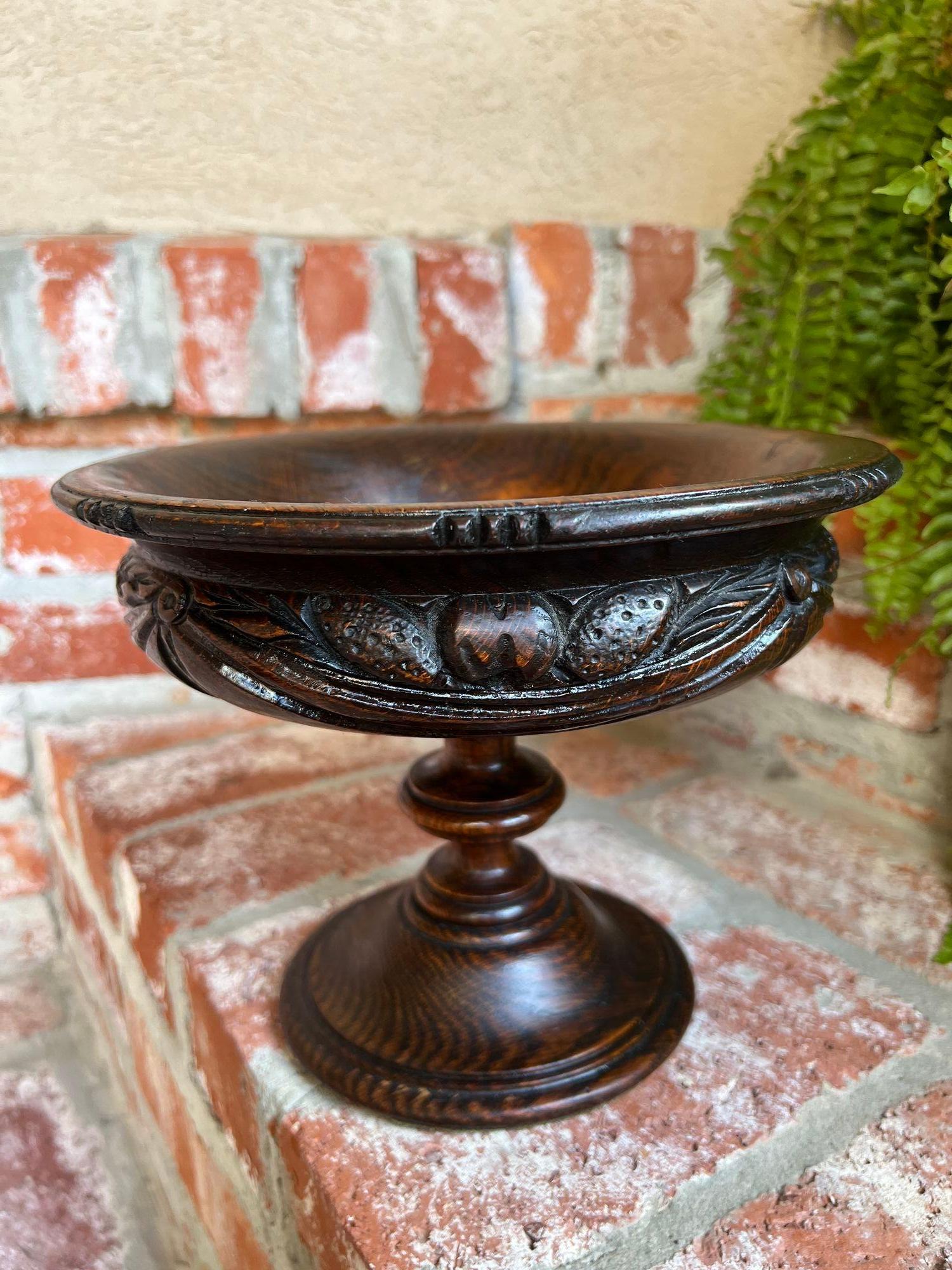 19th Century Antique English Carved Dark Oak Compote Pedestal Bowl Floral Dessert Stand For Sale