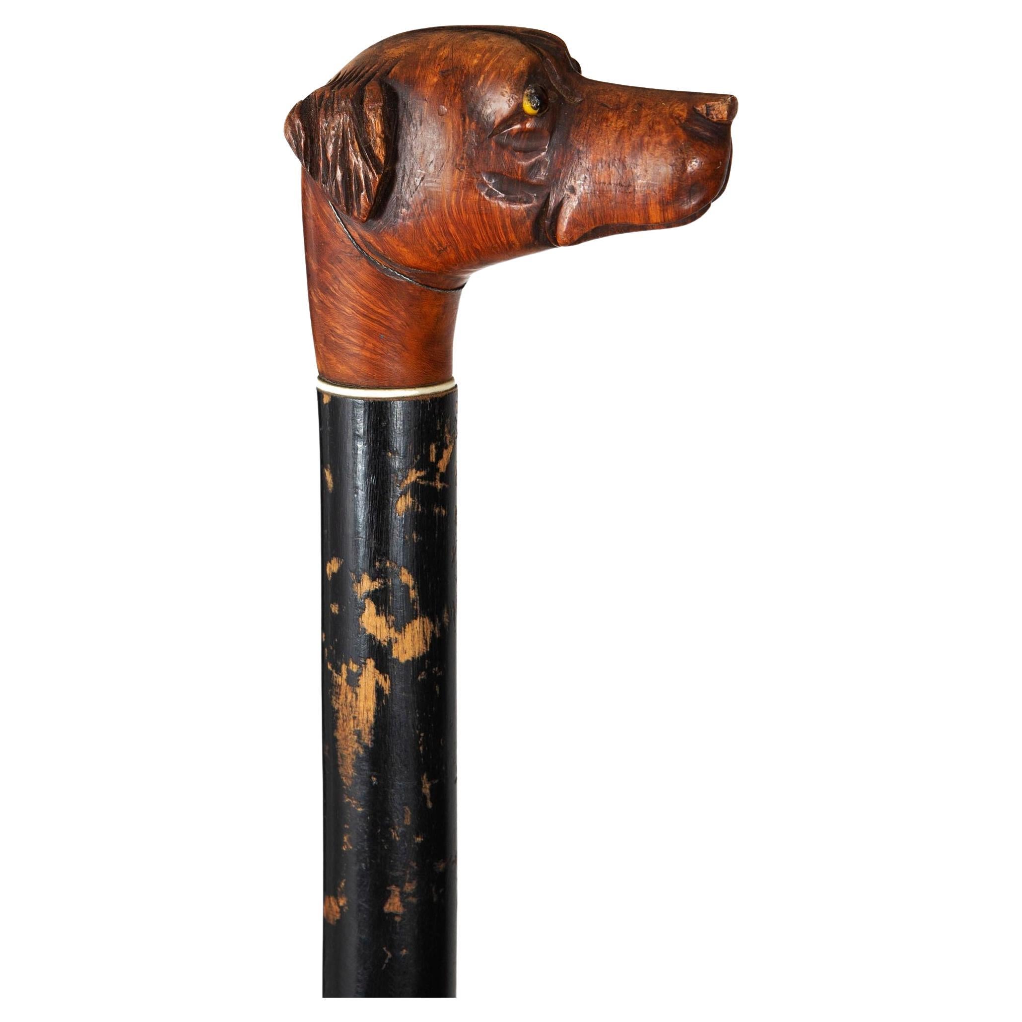 Antique English Carved Folk Art Dog Head Cane over Ebonized Black Shaft