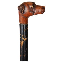 Antique English Carved Folk Art Dog Head Cane over Ebonized Black Shaft