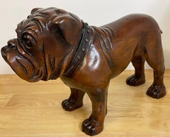 Antique English Carved Hardwood Bull Dog with Cut Steel Collar