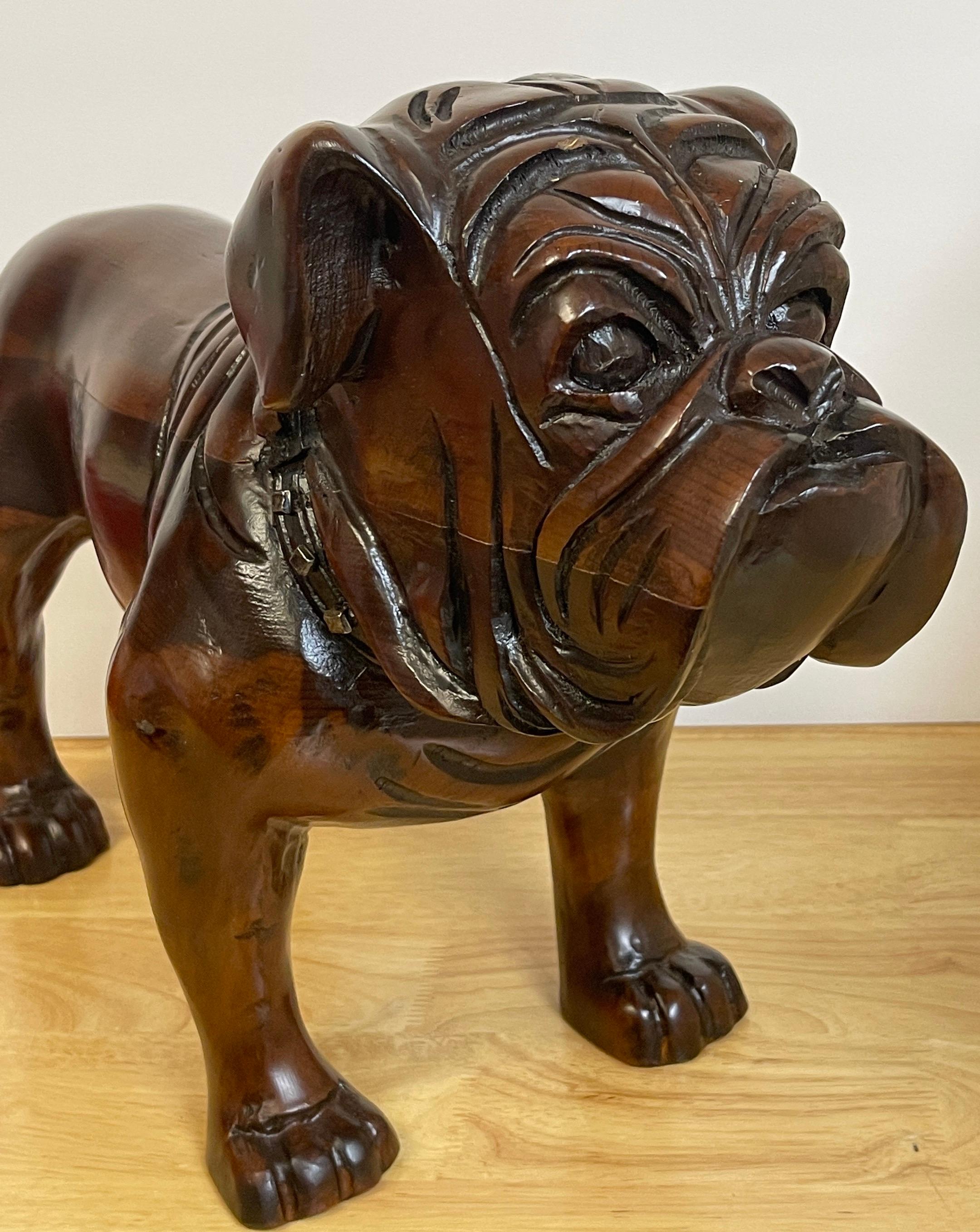 High Victorian Antique English Carved Hardwood Bull Dog with Cut Steel Collar  For Sale