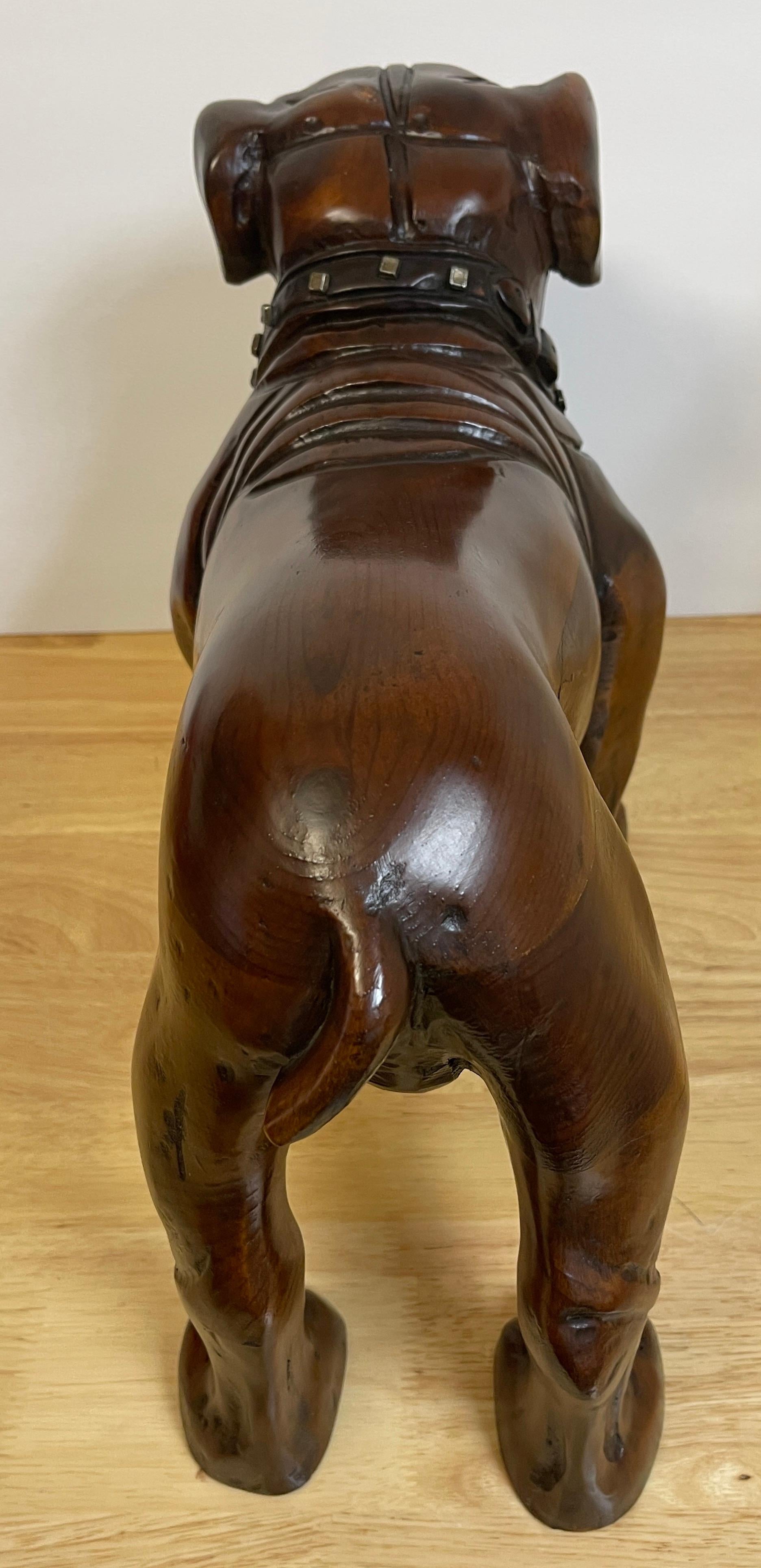 Antique English Carved Hardwood Bull Dog with Cut Steel Collar For Sale 1