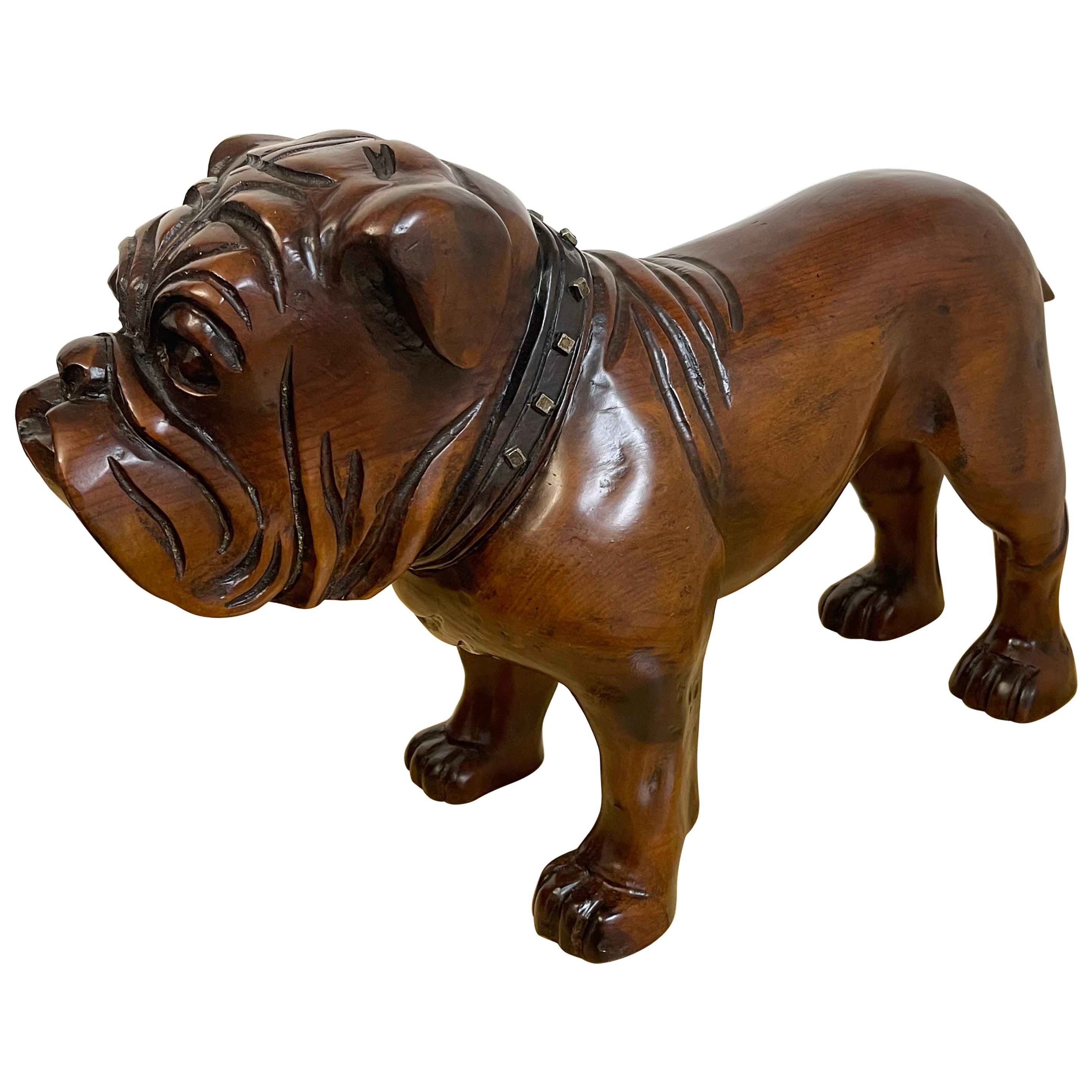 Antique English Carved Hardwood Bull Dog with Cut Steel Collar  For Sale