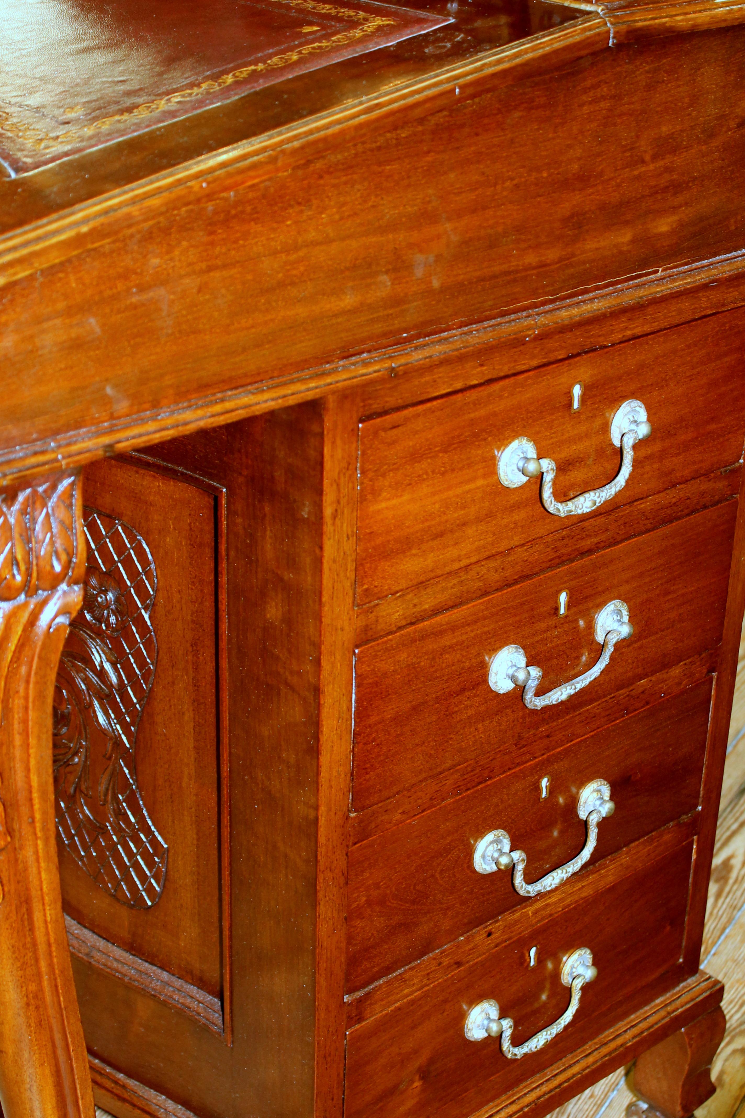 Antique English Carved Mahogany Davenport/ Ship Captain's Desk with Leather Lid 3