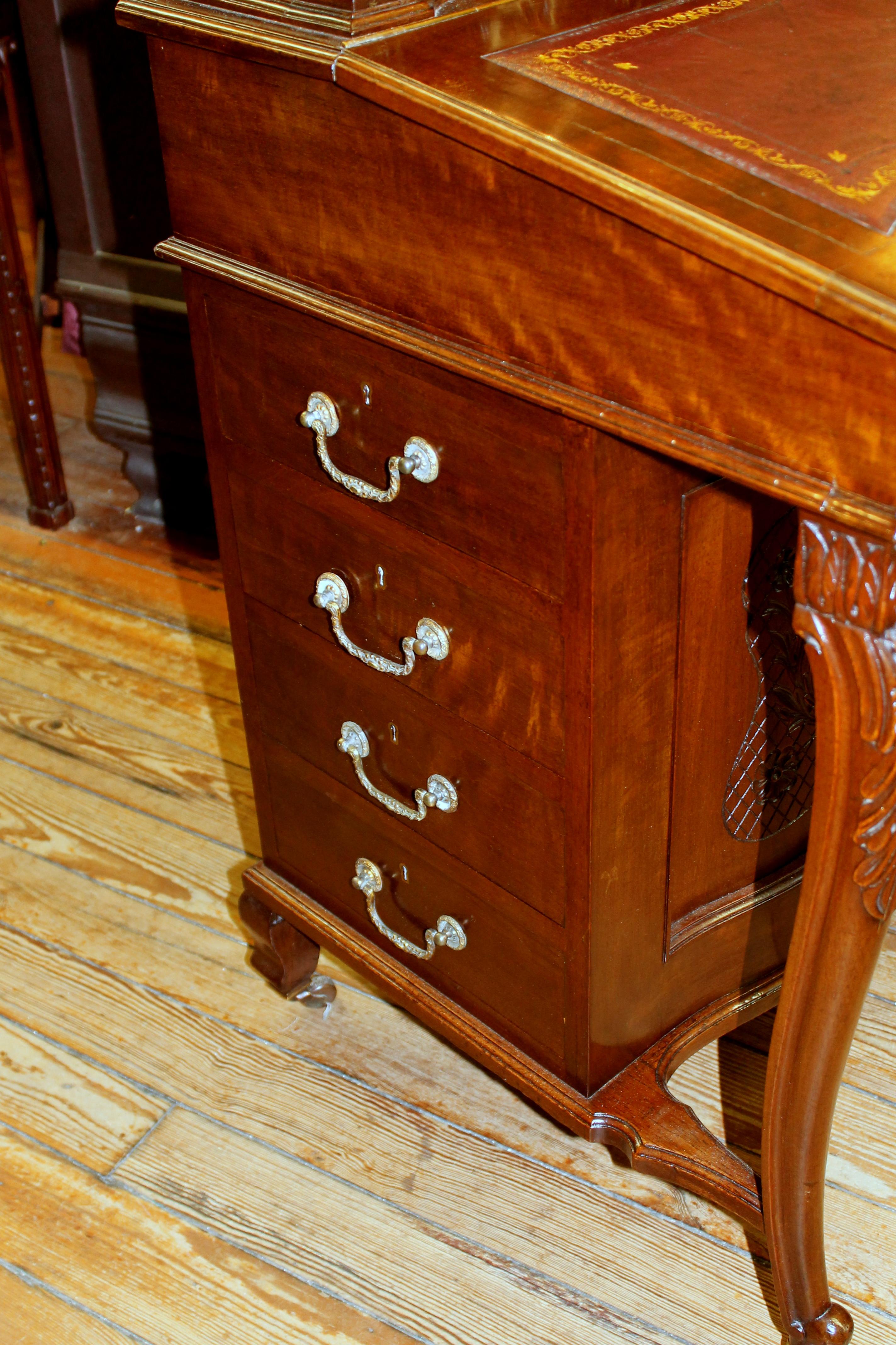 Antique English Carved Mahogany Davenport/ Ship Captain's Desk with Leather Lid 8