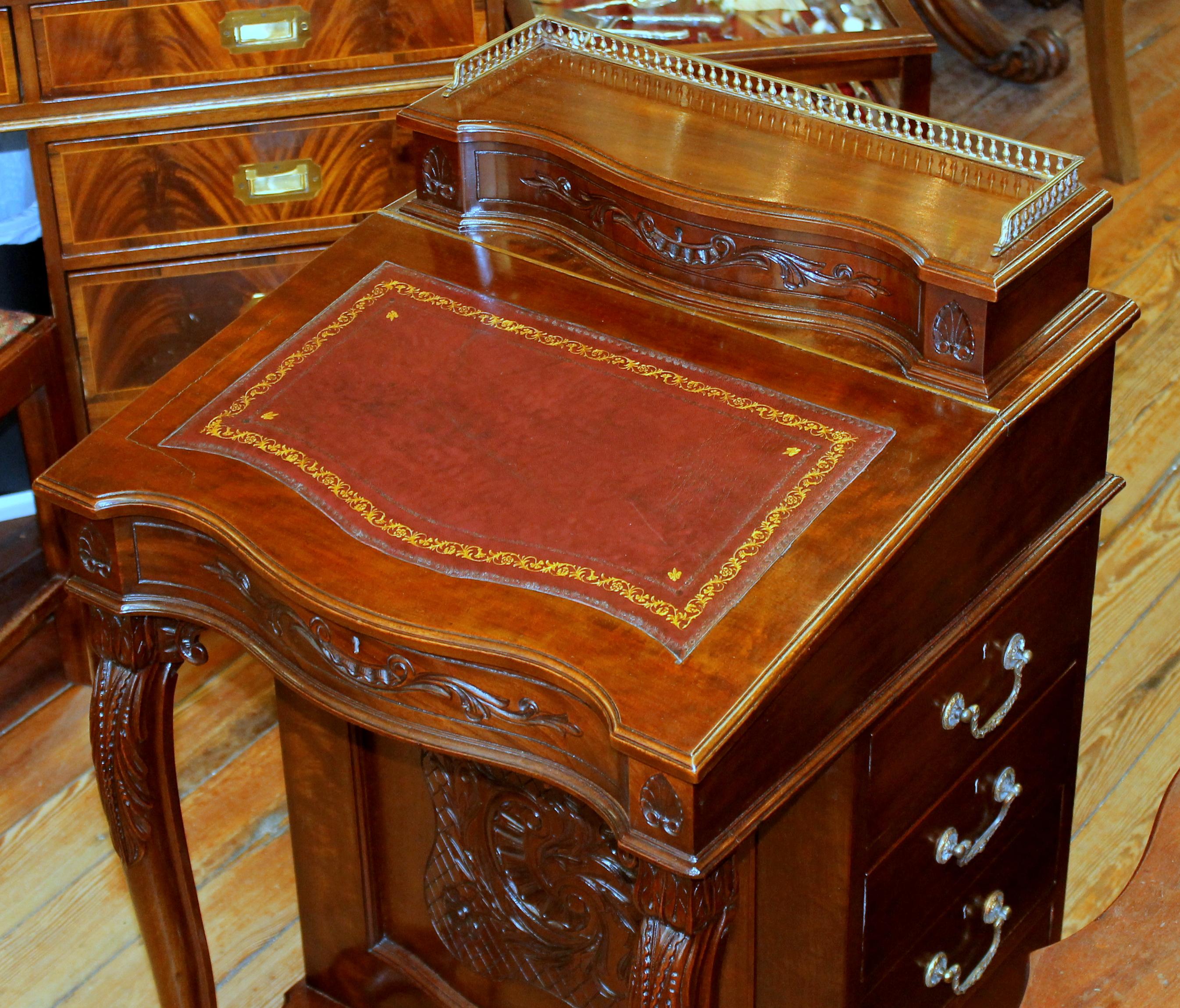 19th Century Antique English Carved Mahogany Davenport/ Ship Captain's Desk with Leather Lid