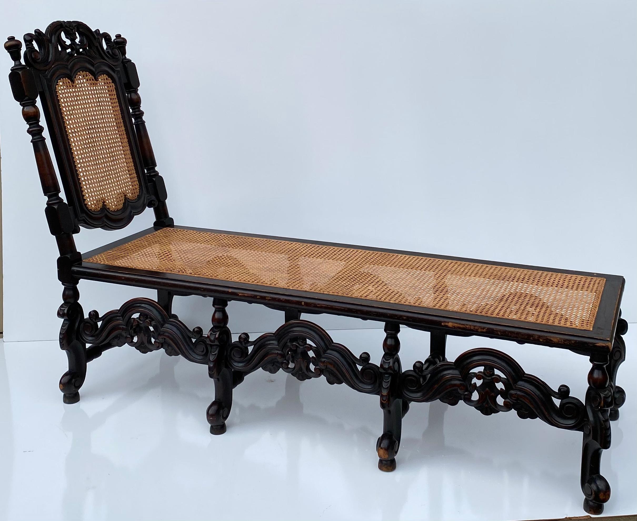 19th Century Antique English Carved Oak and Cane William and Mary Style Chaise For Sale