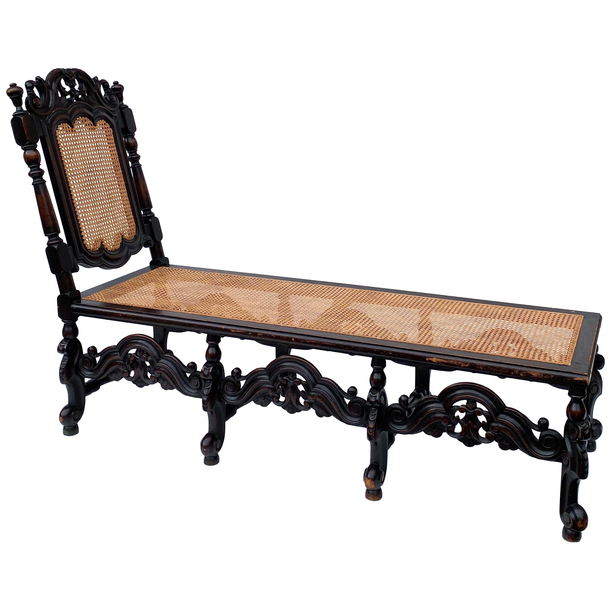 Antique English Carved Oak and Cane William and Mary Style Chaise For Sale